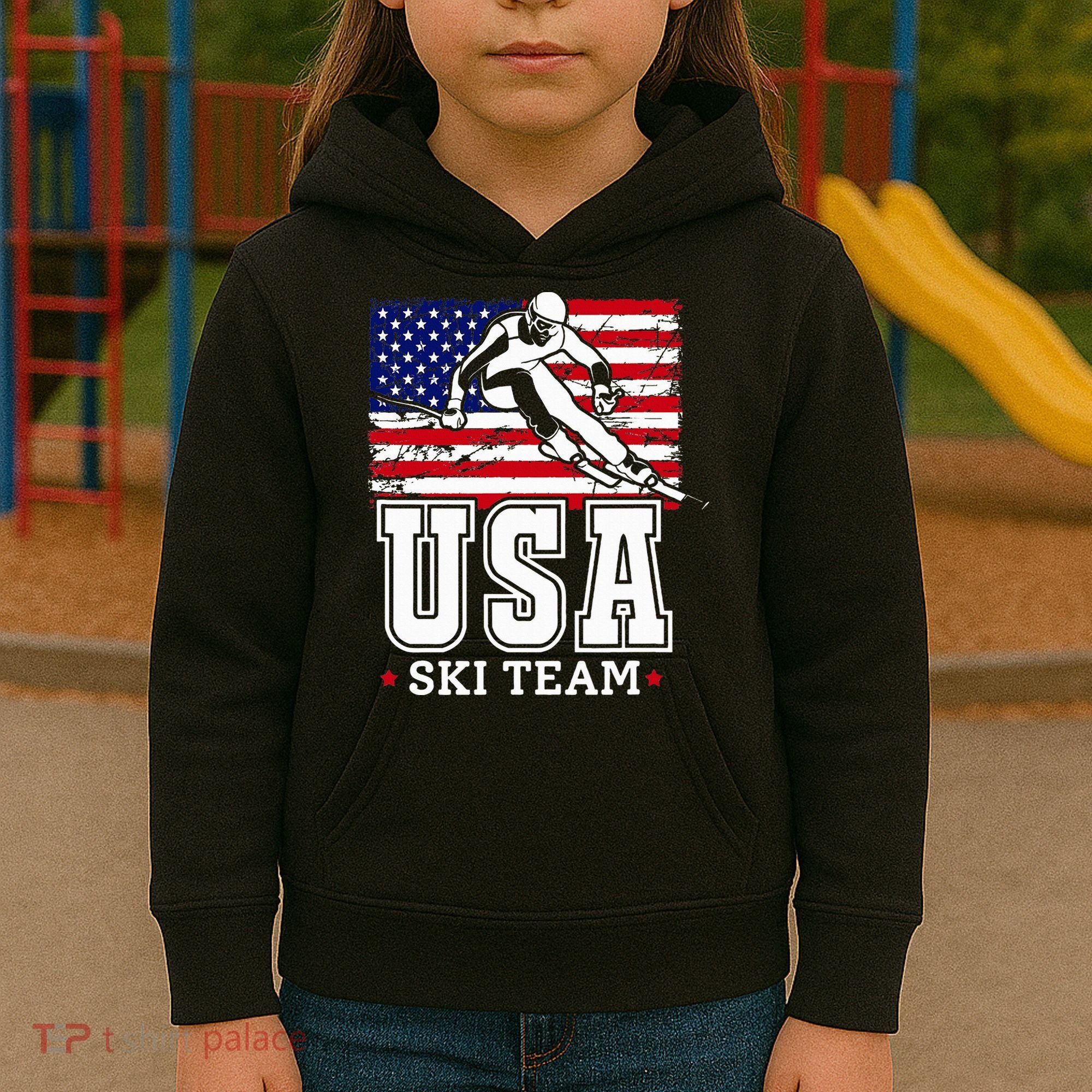 Usa Ski Team American Flag Skiing Skier Kids Hoodie