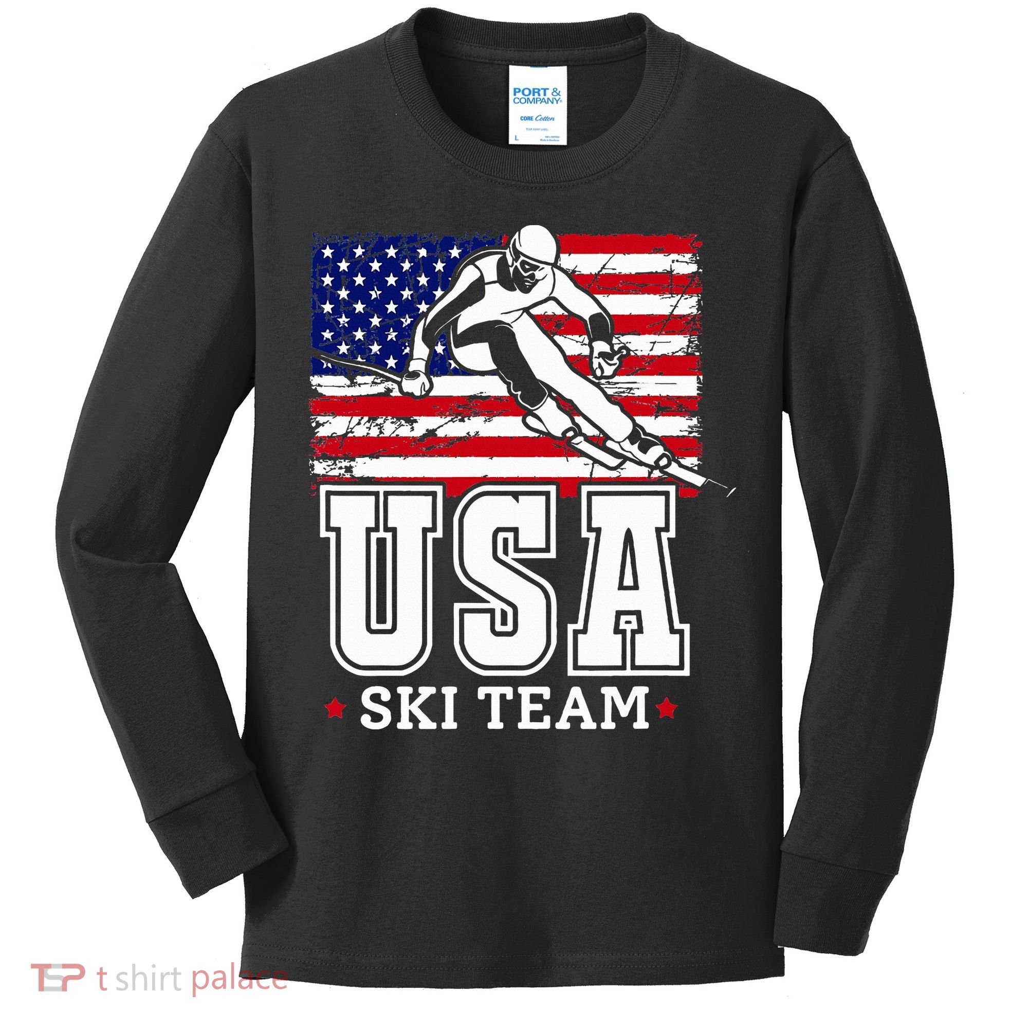 Usa Ski Team American Flag Skiing Skier Kids Long Sleeve Shirt