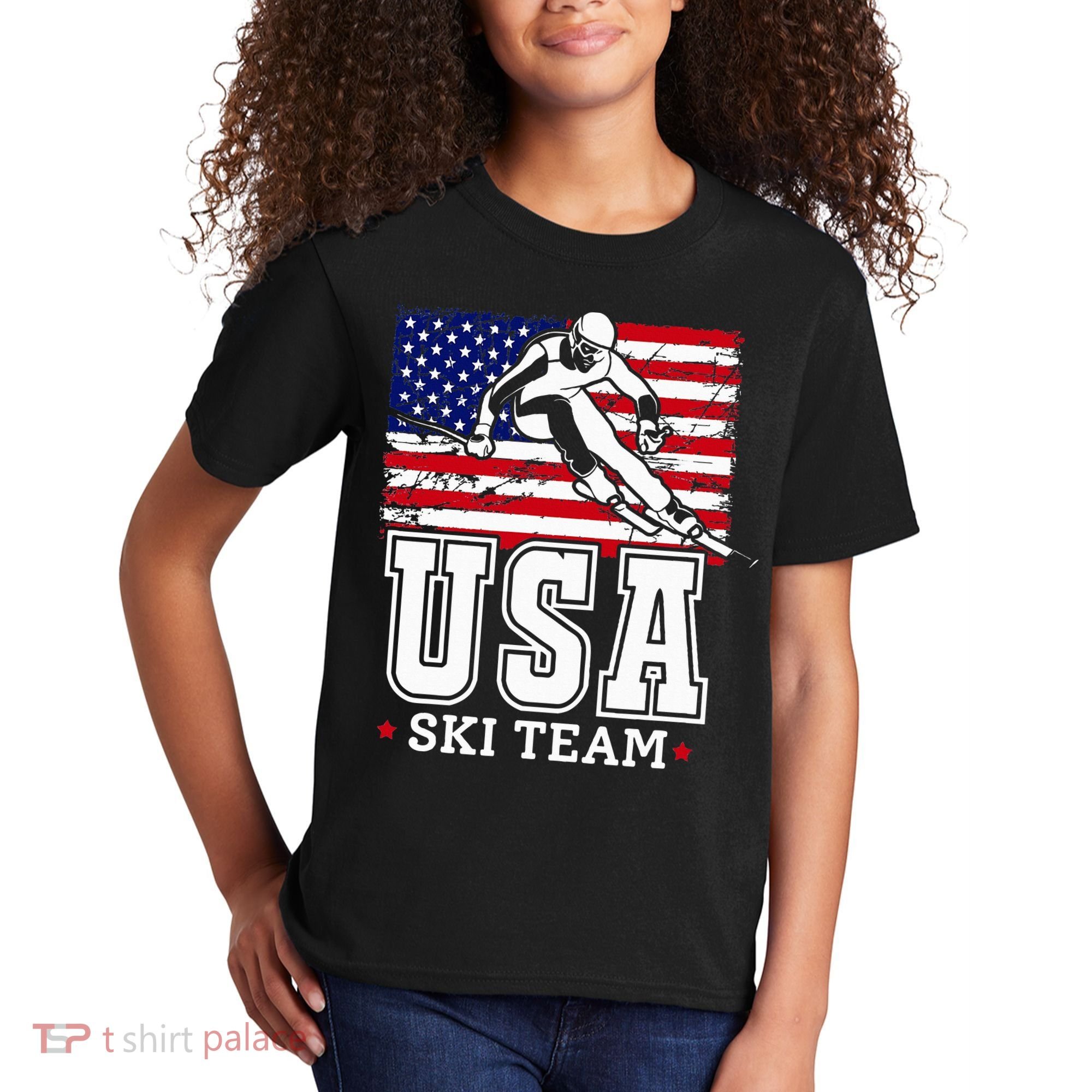 Usa Ski Team American Flag Skiing Skier Kids T-Shirt