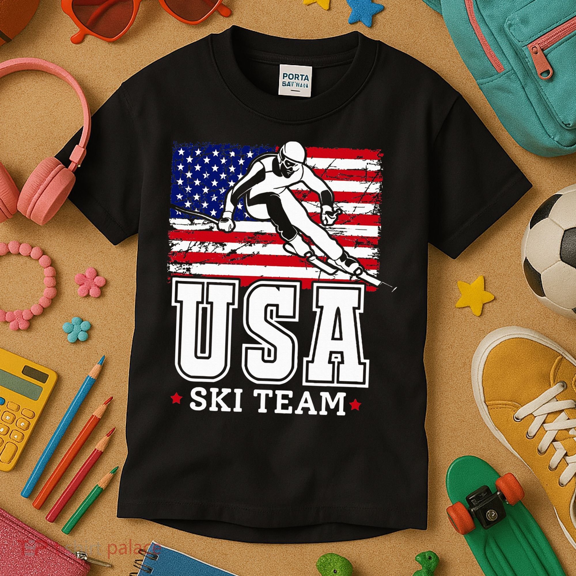 Usa Ski Team American Flag Skiing Skier Kids T-Shirt