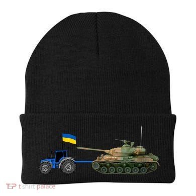 Ukrainian Tractor Pulling Tank With Ukraine Flag Beanie