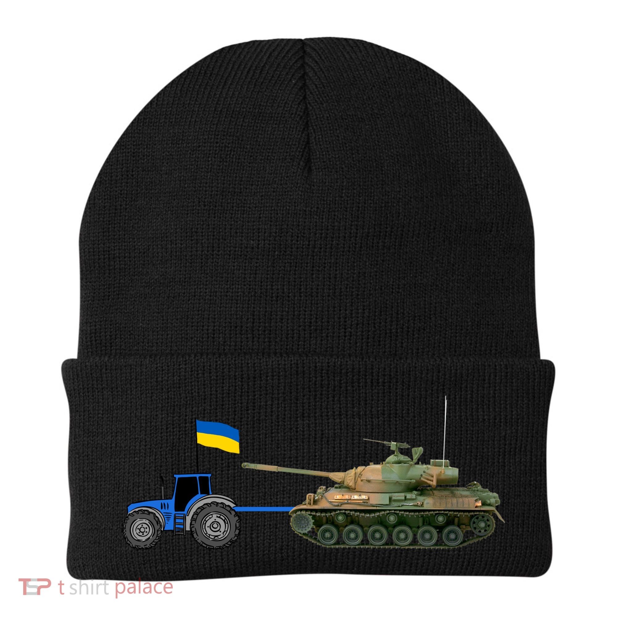 Ukrainian Tractor Pulling Tank With Ukraine Flag Beanie