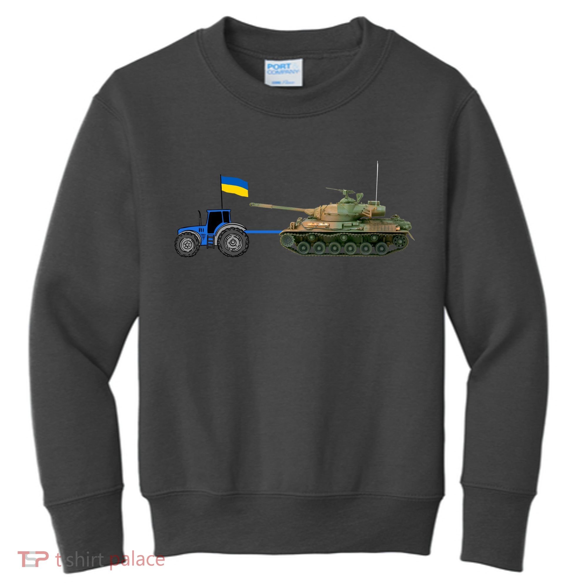 Ukrainian Tractor Pulling Tank With Ukraine Flag Kids Sweatshirt