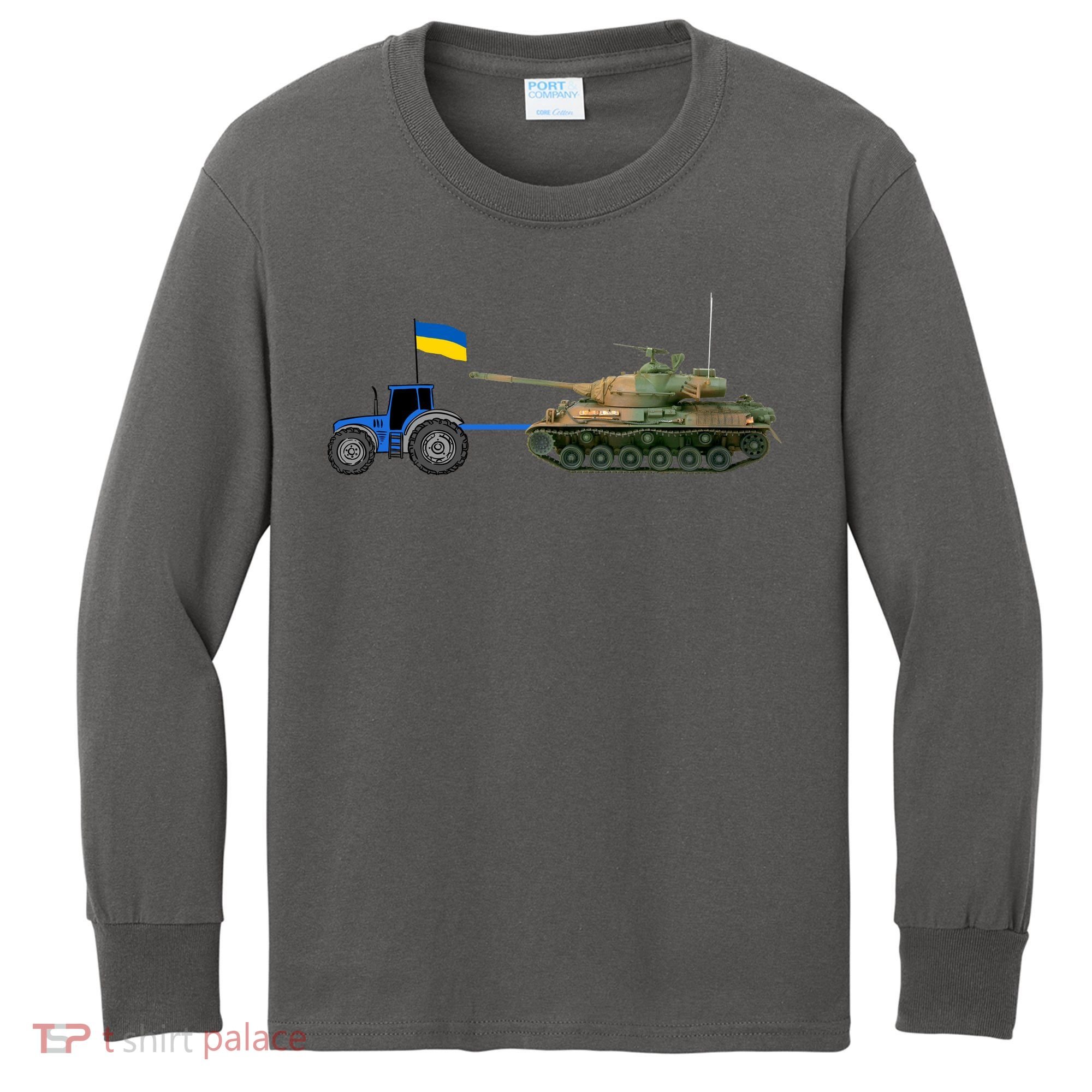 Ukrainian Tractor Pulling Tank With Ukraine Flag Kids Long Sleeve Shirt