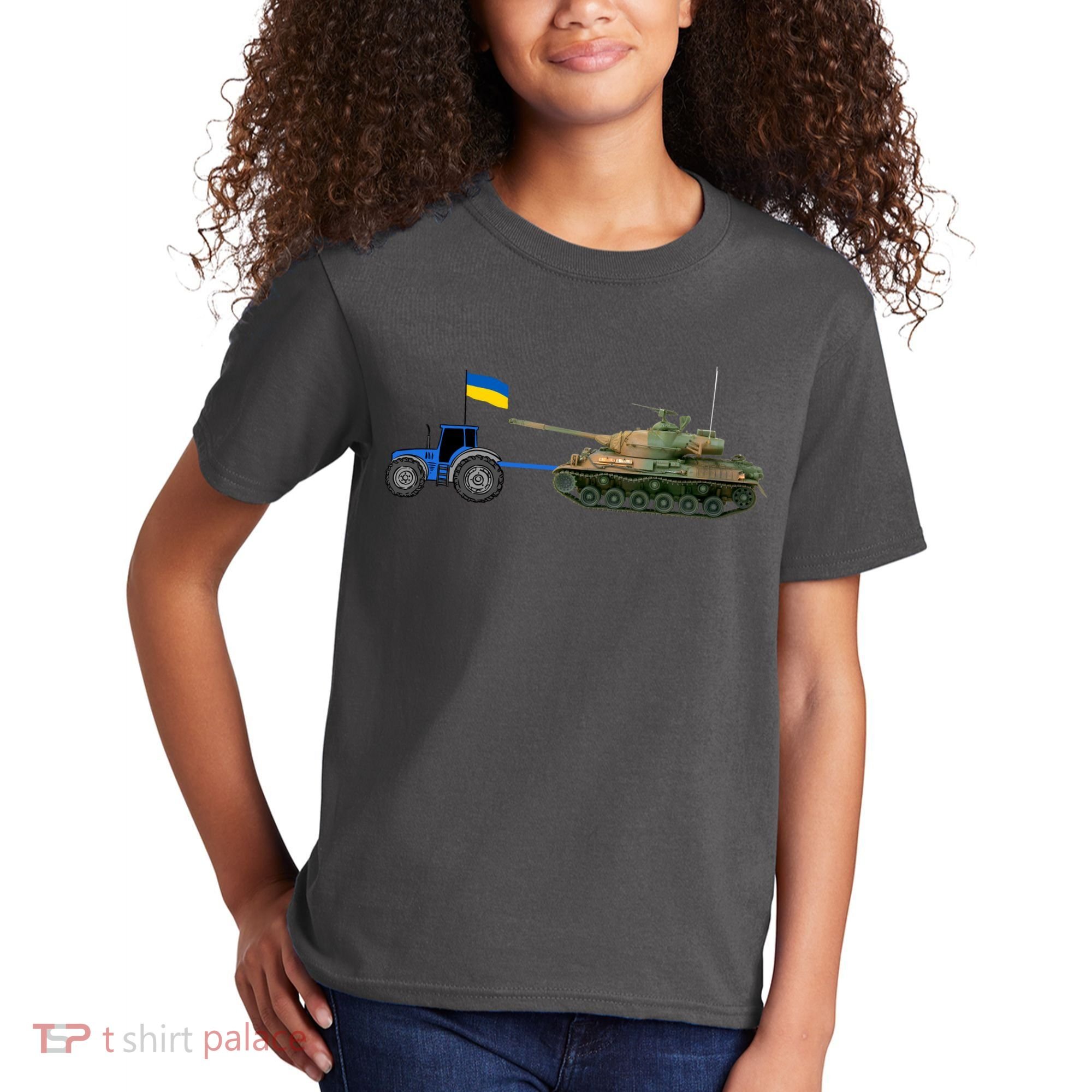 Ukrainian Tractor Pulling Tank With Ukraine Flag Kids T-Shirt