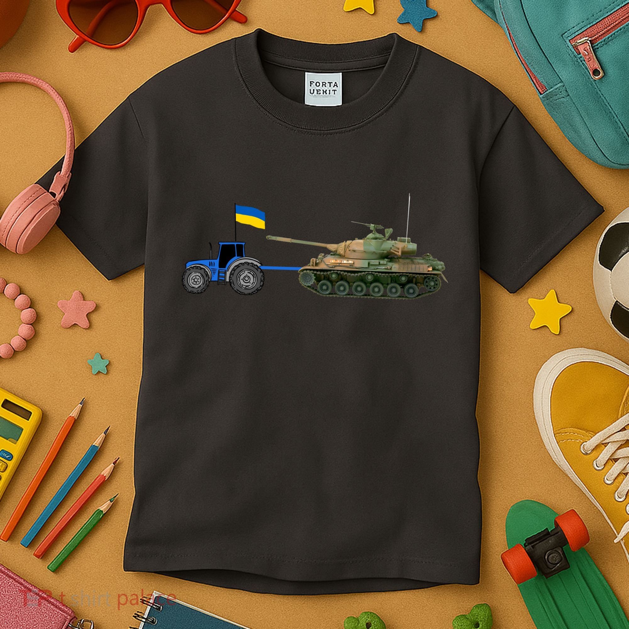 Ukrainian Tractor Pulling Tank With Ukraine Flag Kids T-Shirt