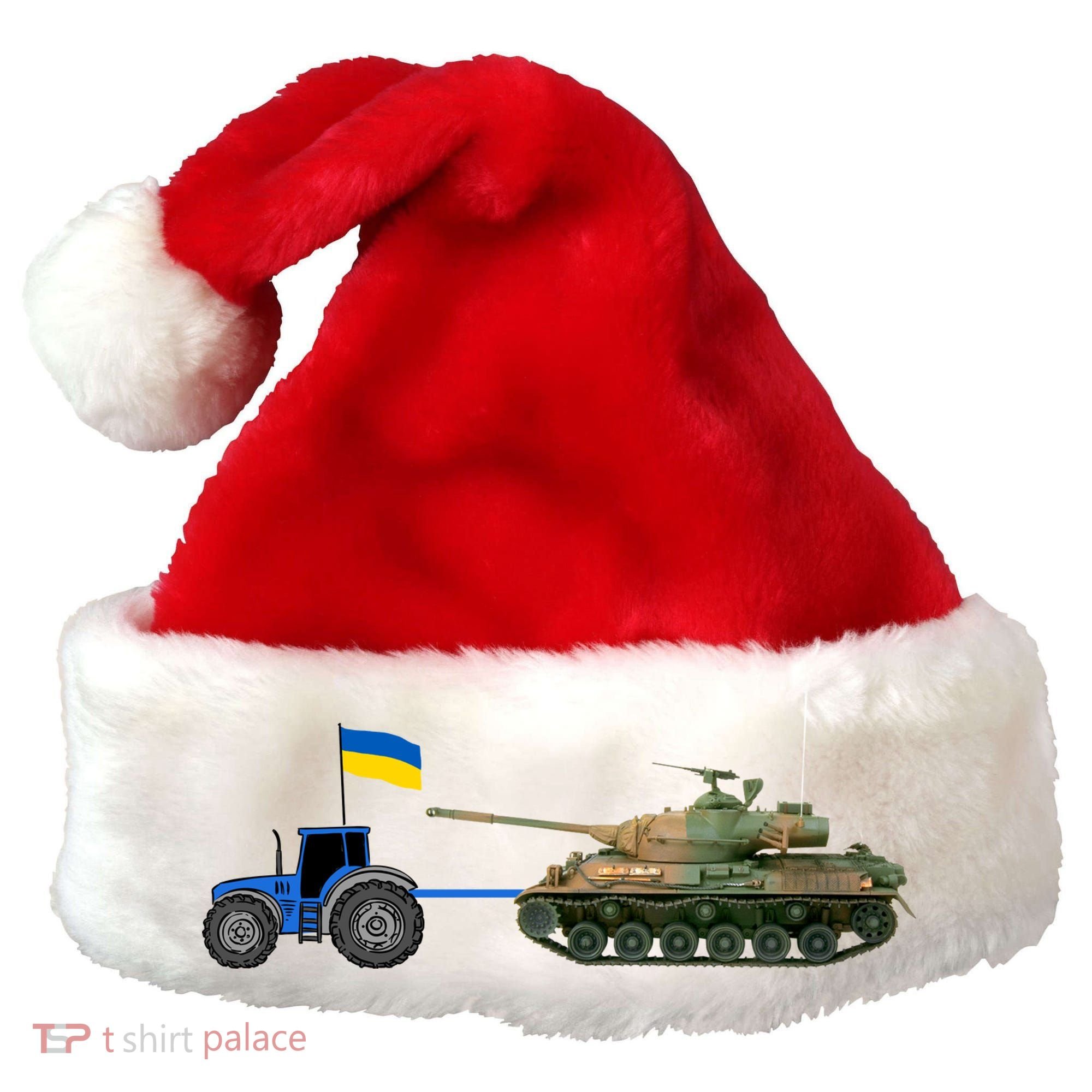 Ukrainian Tractor Pulling Tank With Ukraine Flag Santa Hat