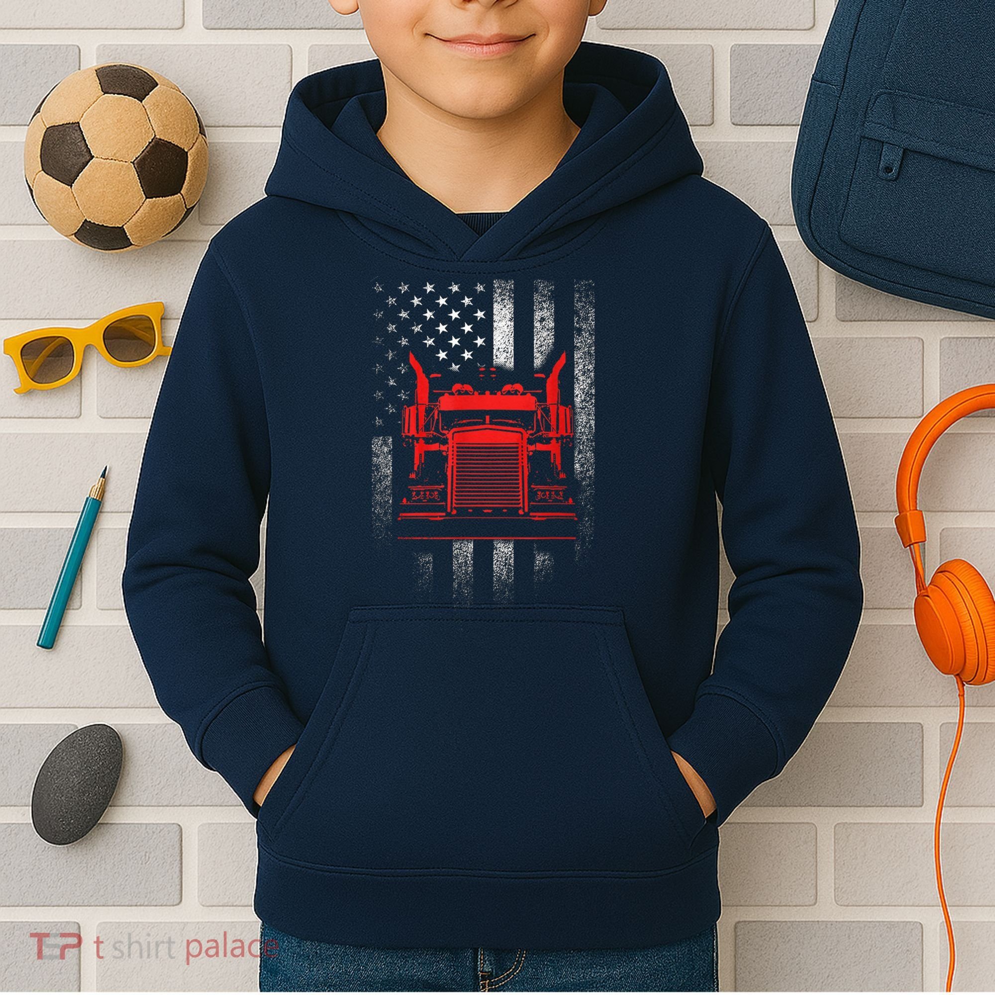 Us Trucking Us Flag With Truck Kids Hoodie