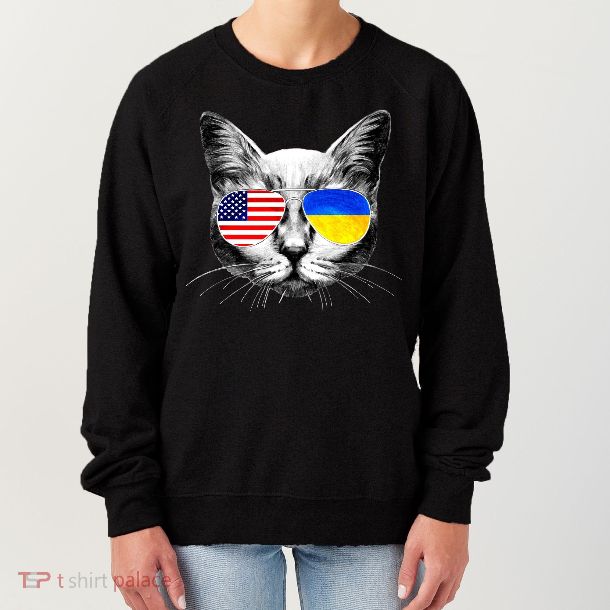 USA Ukraine Flags Sunglasses Cat Women's Sweatshirt