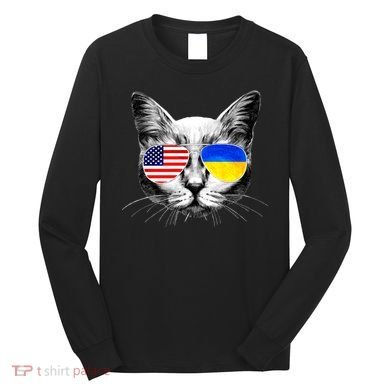 USA Ukraine Flags Sunglasses Cat Long Sleeve Shirt