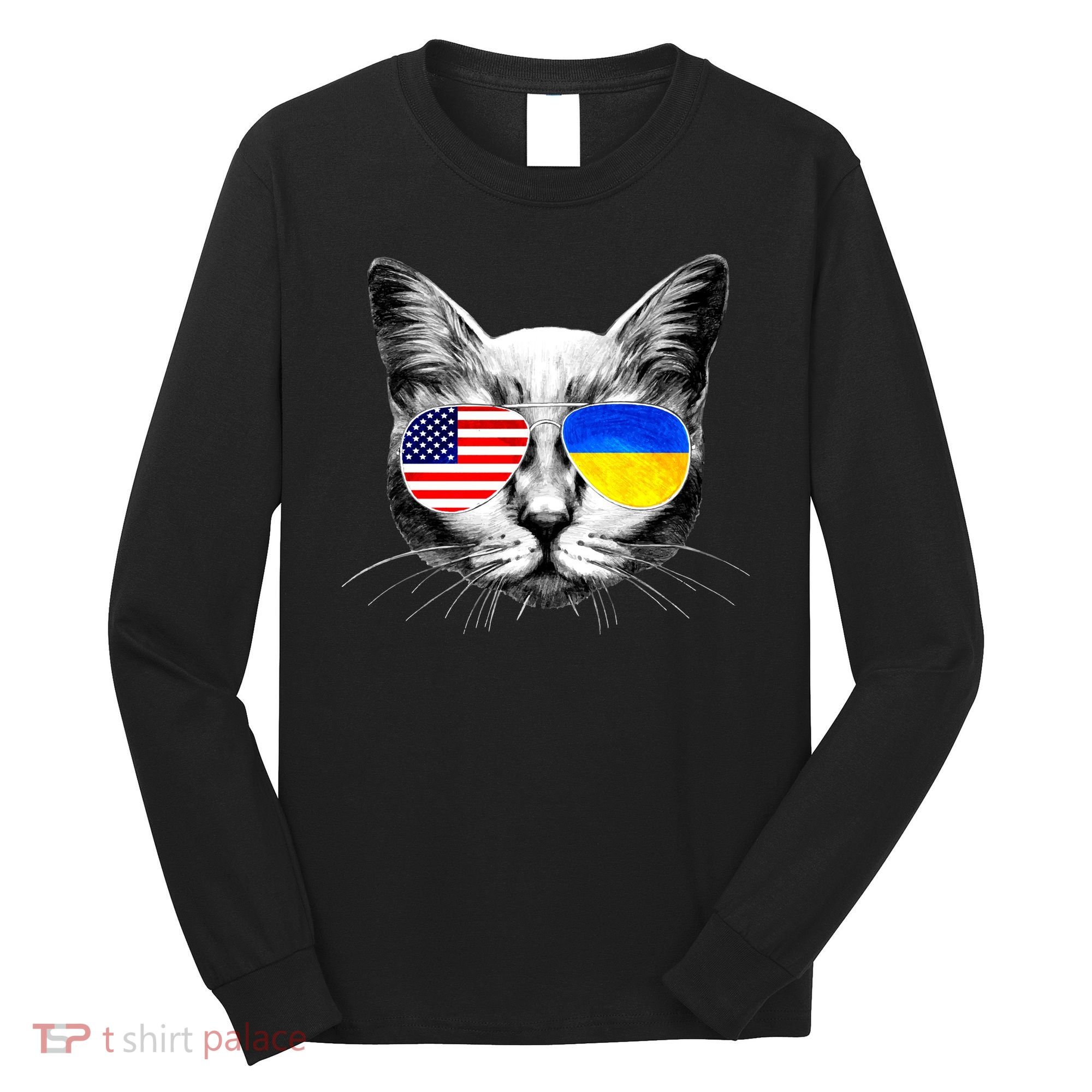USA Ukraine Flags Sunglasses Cat Long Sleeve Shirt