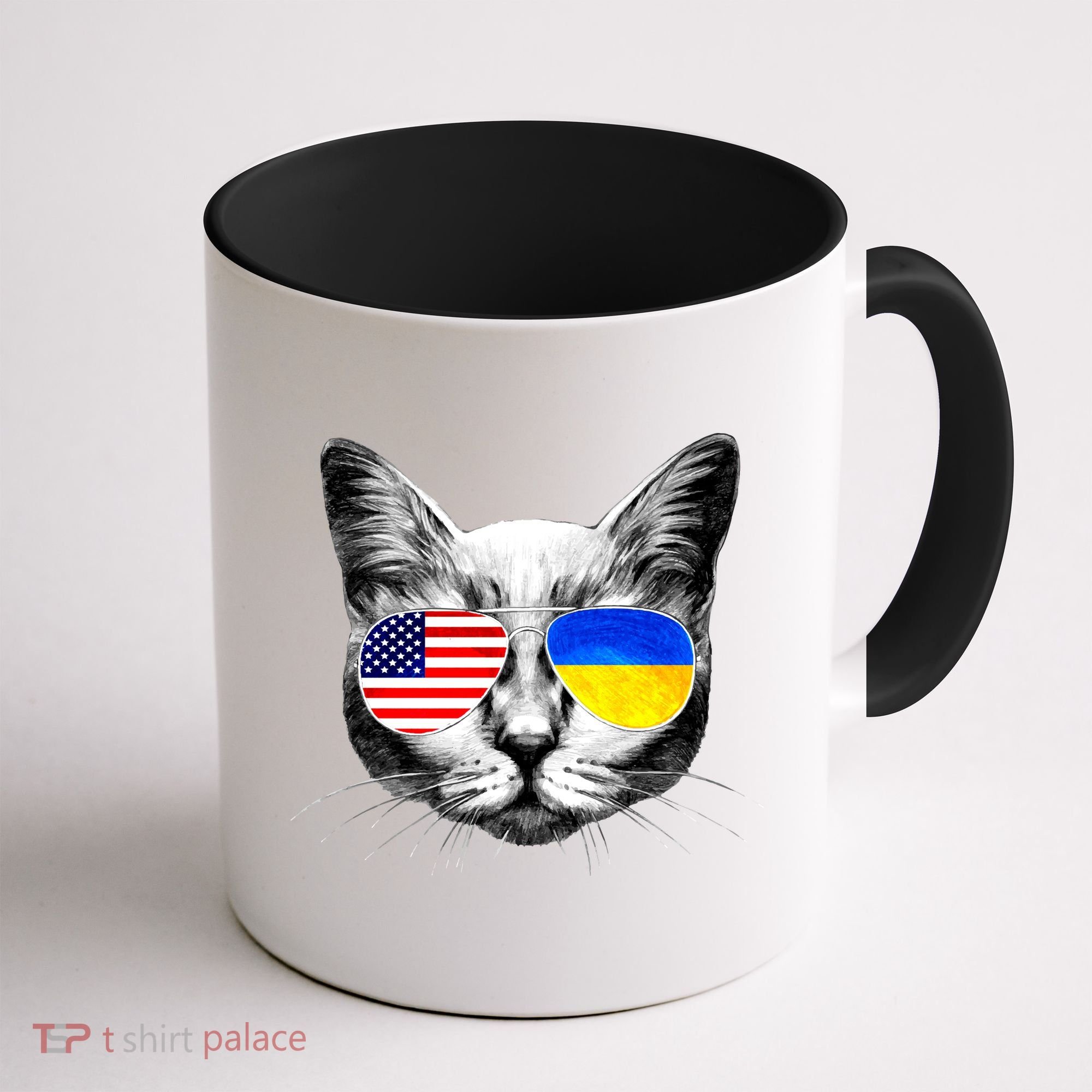 USA Ukraine Flags Sunglasses Cat Coffee Mug
