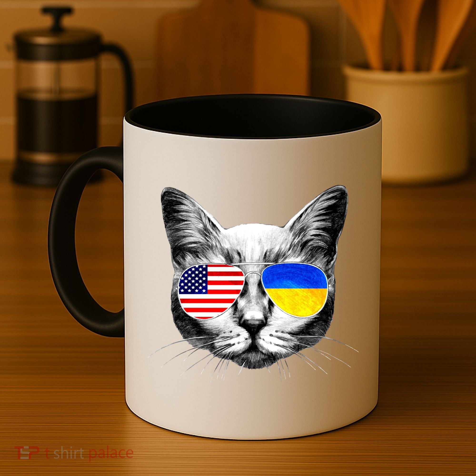 USA Ukraine Flags Sunglasses Cat Coffee Mug