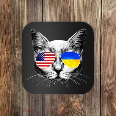 USA Ukraine Flags Sunglasses Cat Coaster