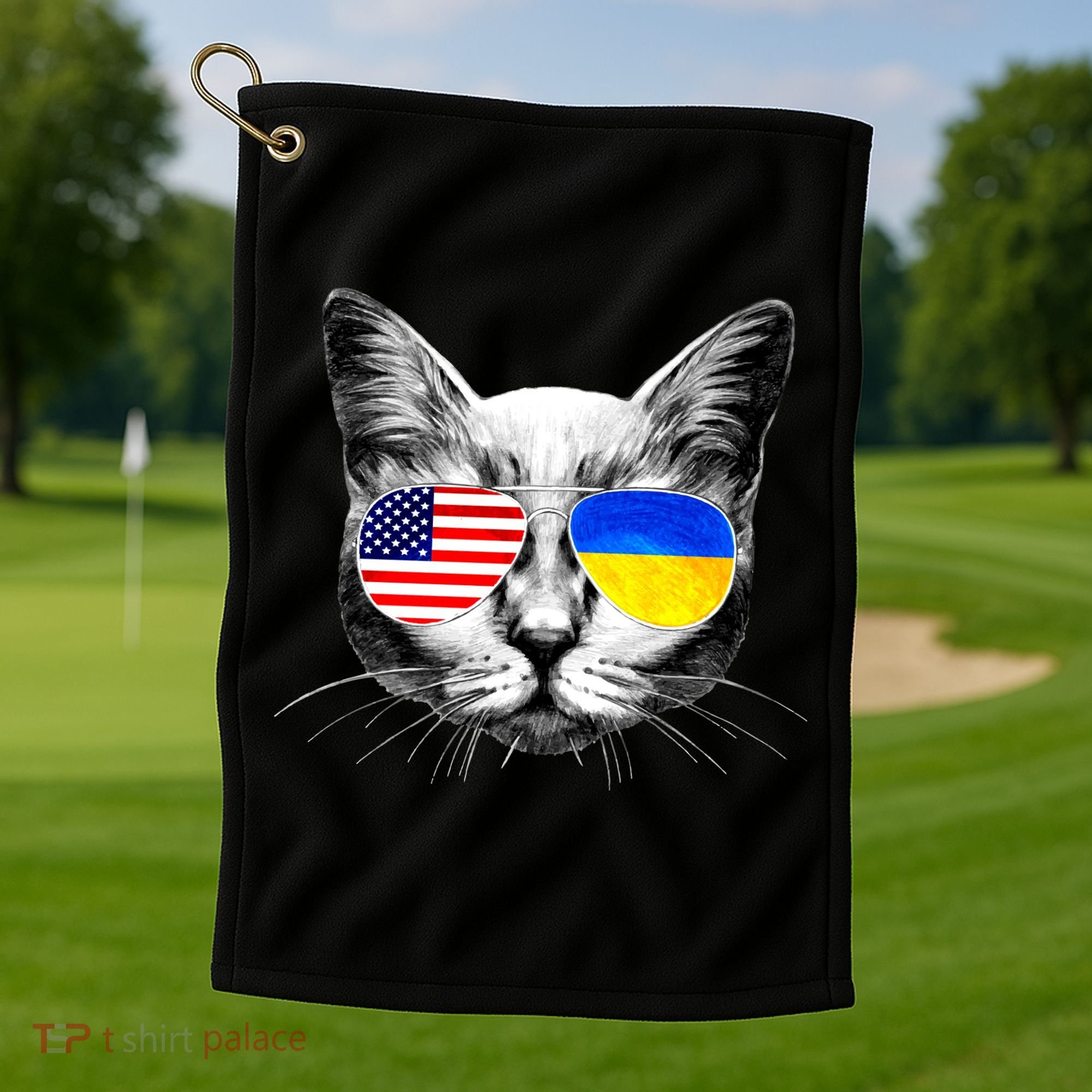 USA Ukraine Flags Sunglasses Cat Golf Towel
