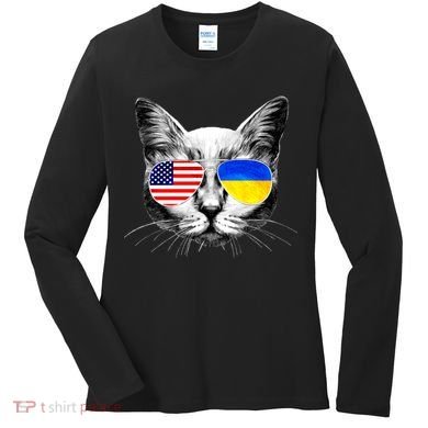 USA Ukraine Flags Sunglasses Cat Women's Long Sleeve Shirt