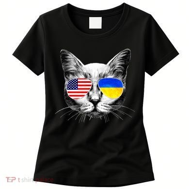 USA Ukraine Flags Sunglasses Cat Women's T-Shirt