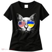 USA Ukraine Flags Sunglasses Cat Women's T-Shirt thumb 0
