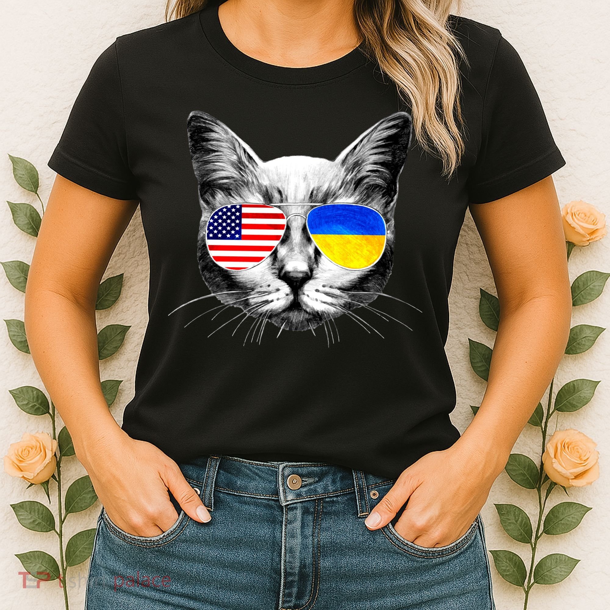 USA Ukraine Flags Sunglasses Cat Women's T-Shirt