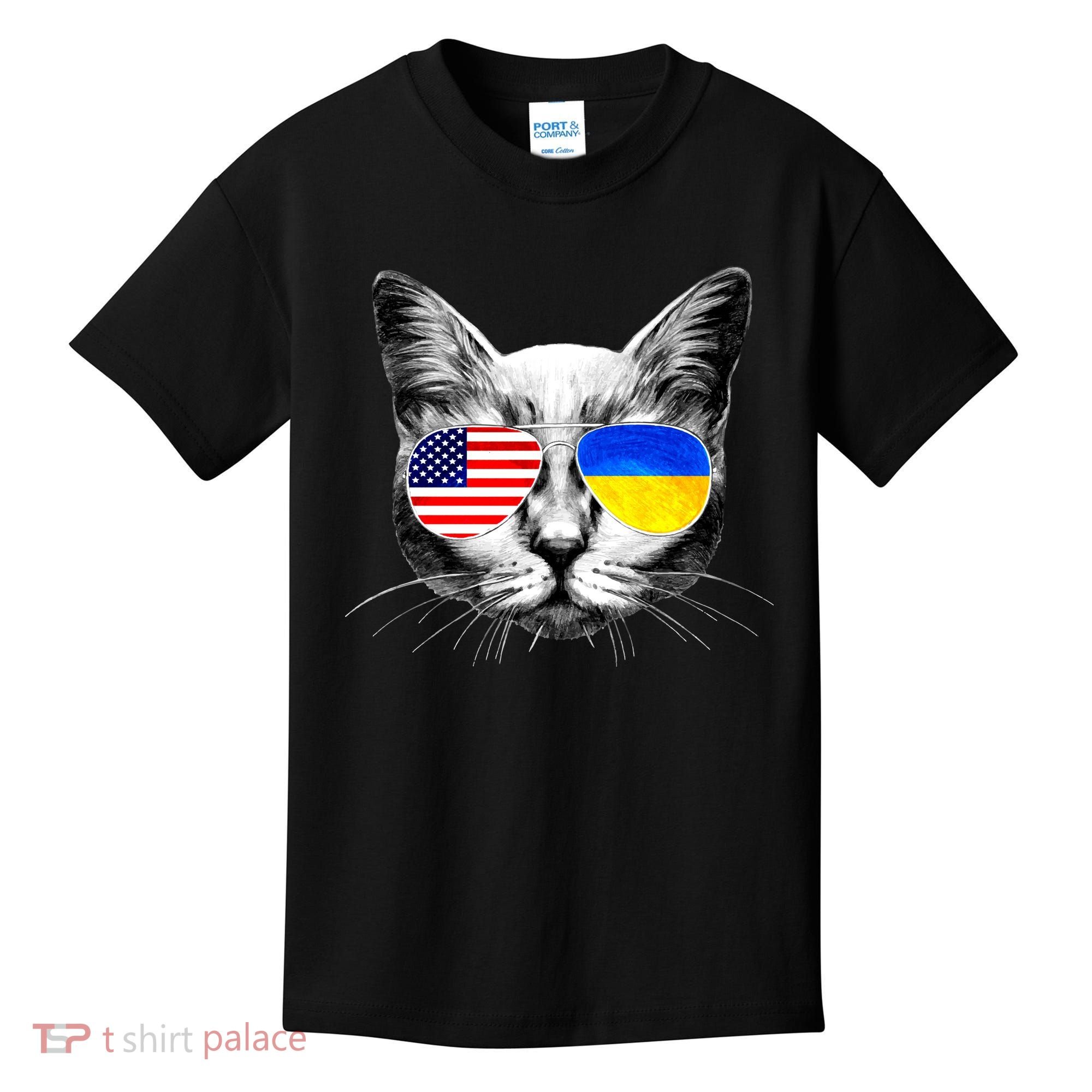 USA Ukraine Flags Sunglasses Cat Kids T-Shirt