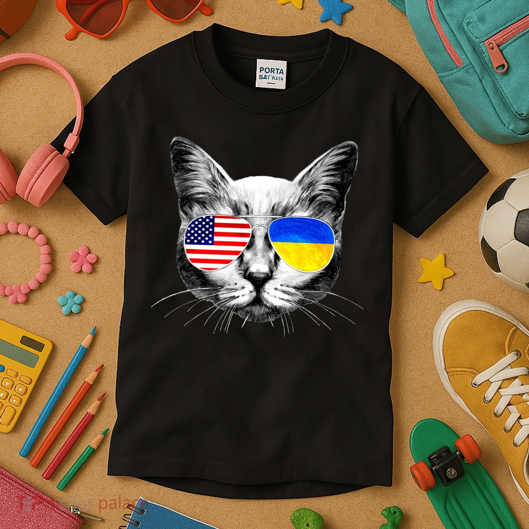 USA Ukraine Flags Sunglasses Cat Kids T-Shirt