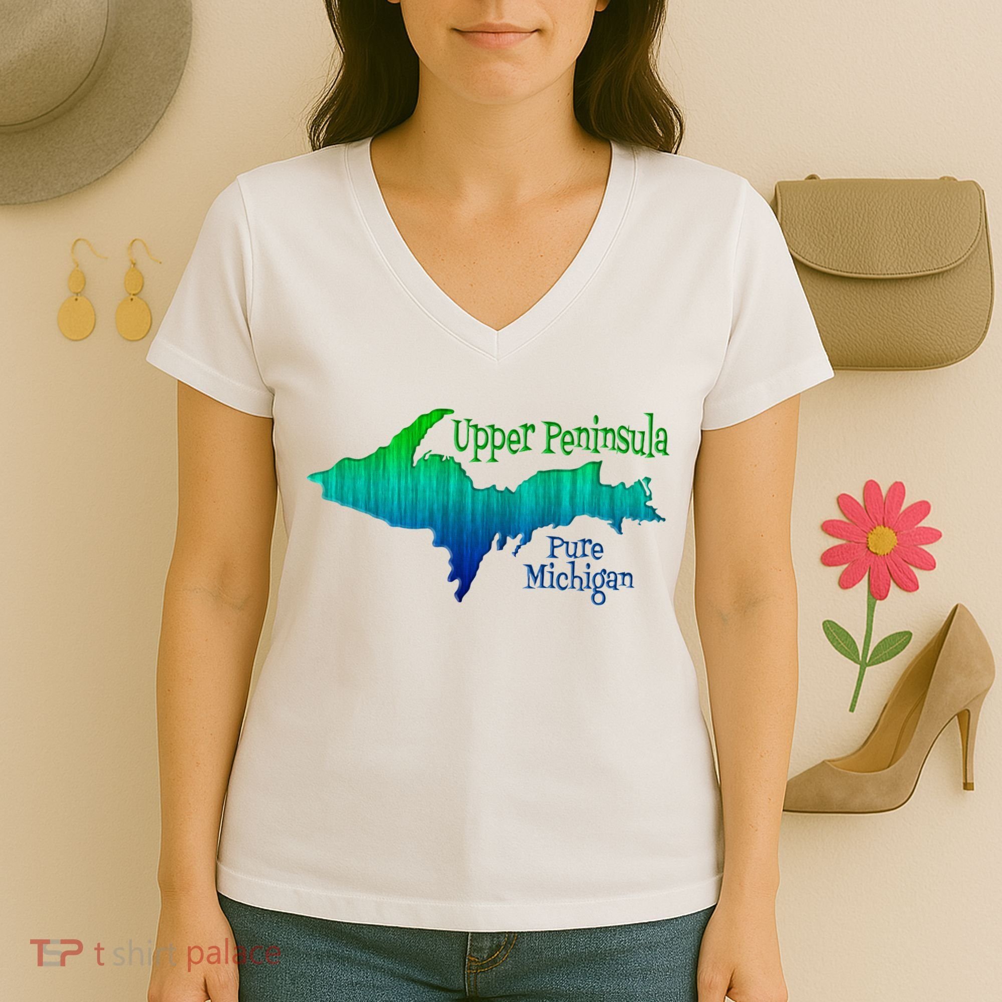 Up Upper Peninsula Michigan Ombre Yoopers 906 Women's V-Neck T-Shirt