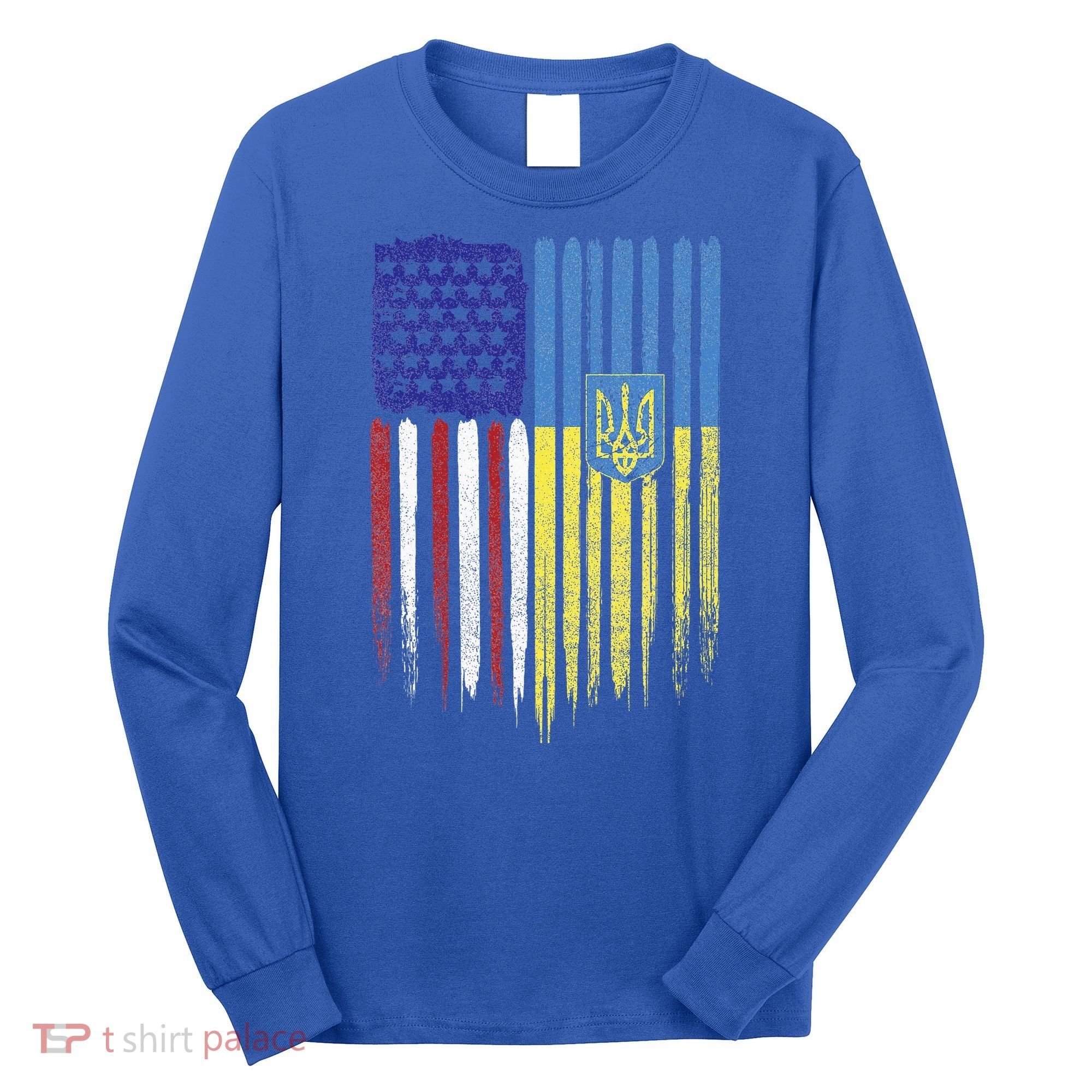 USA Ukraine Ukrainian Flag Trident Roots Retro Long Sleeve Shirt
