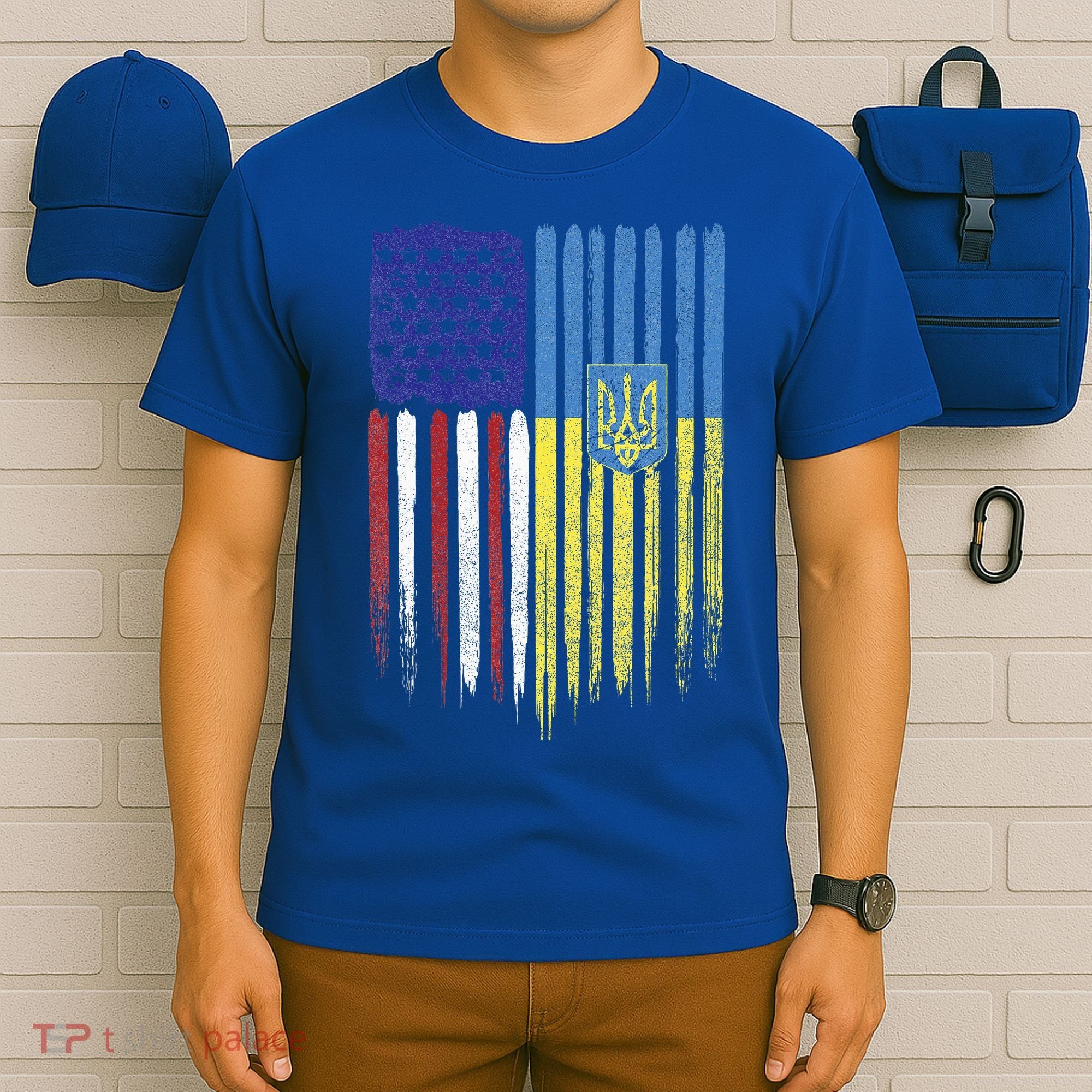 USA Ukraine Ukrainian Flag Trident Roots Retro T-Shirt