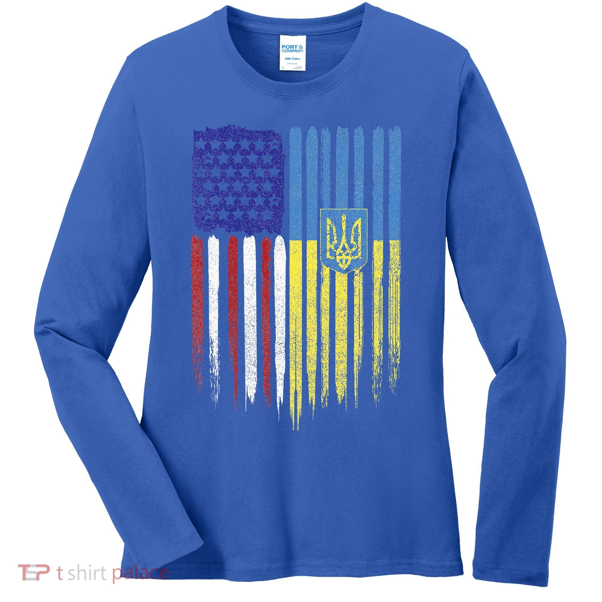 USA Ukraine Ukrainian Flag Trident Roots Retro Women's Long Sleeve Shirt