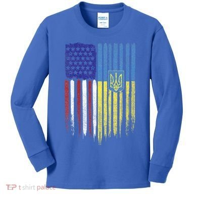 USA Ukraine Ukrainian Flag Trident Roots Retro Kids Long Sleeve Shirt