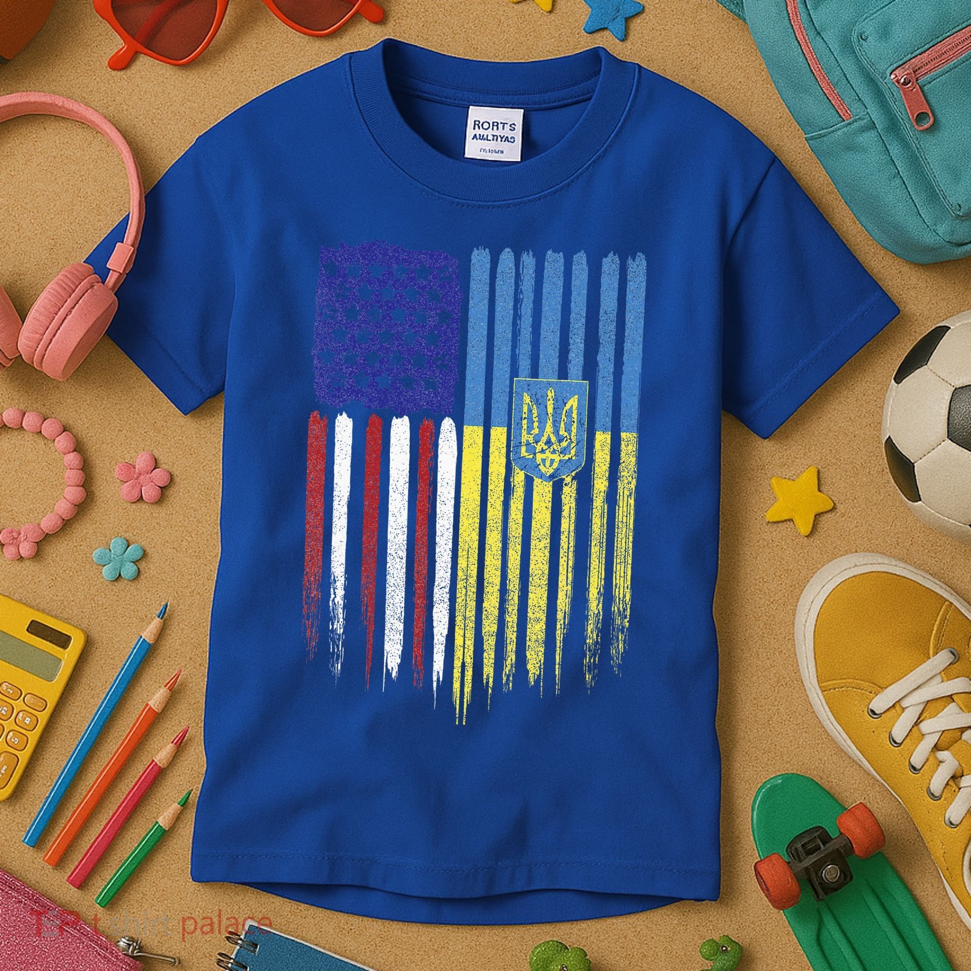 USA Ukraine Ukrainian Flag Trident Roots Retro Kids T-Shirt
