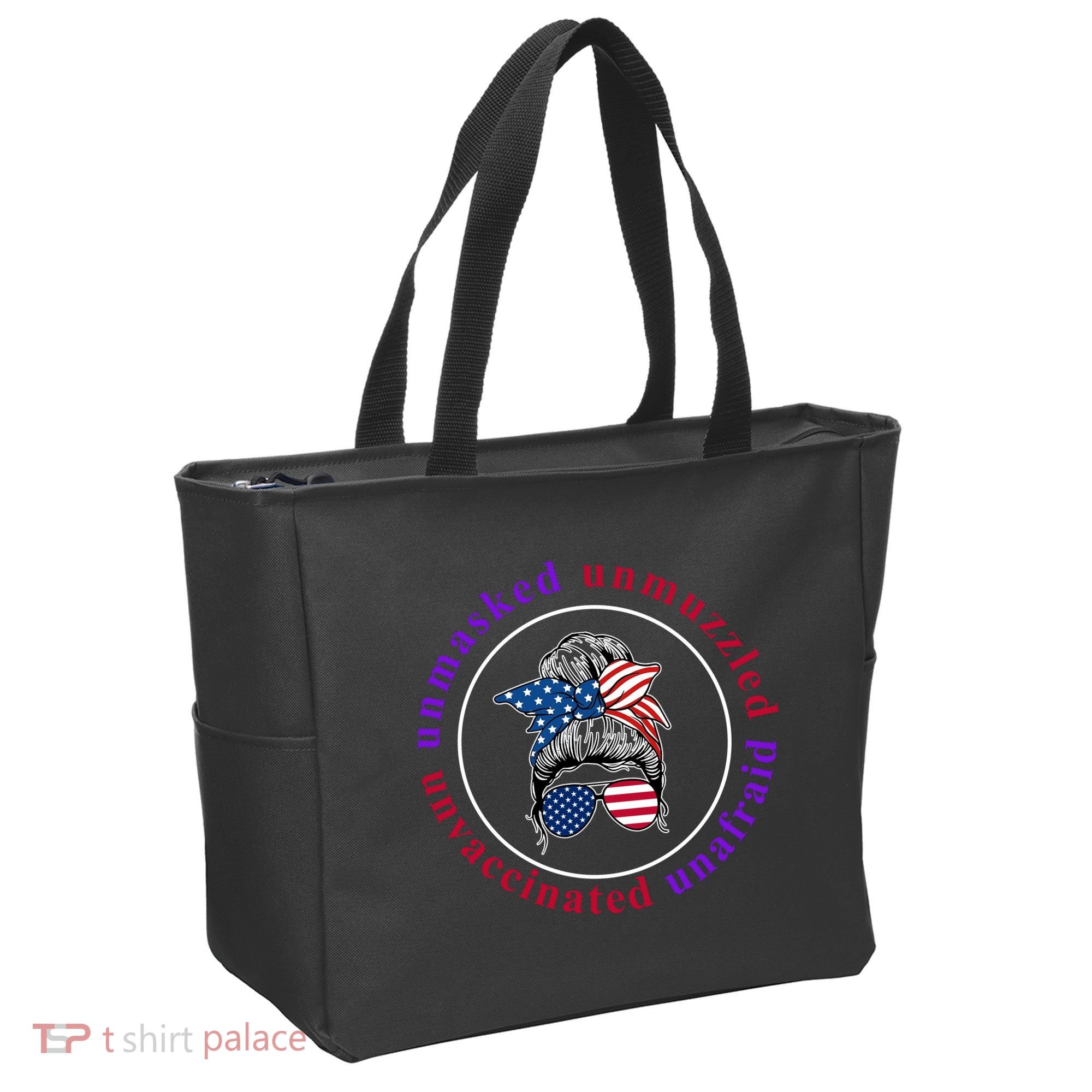 Unmasked Unmuzzled Unvaccinated Unafraid Messy Bun Tote Bag