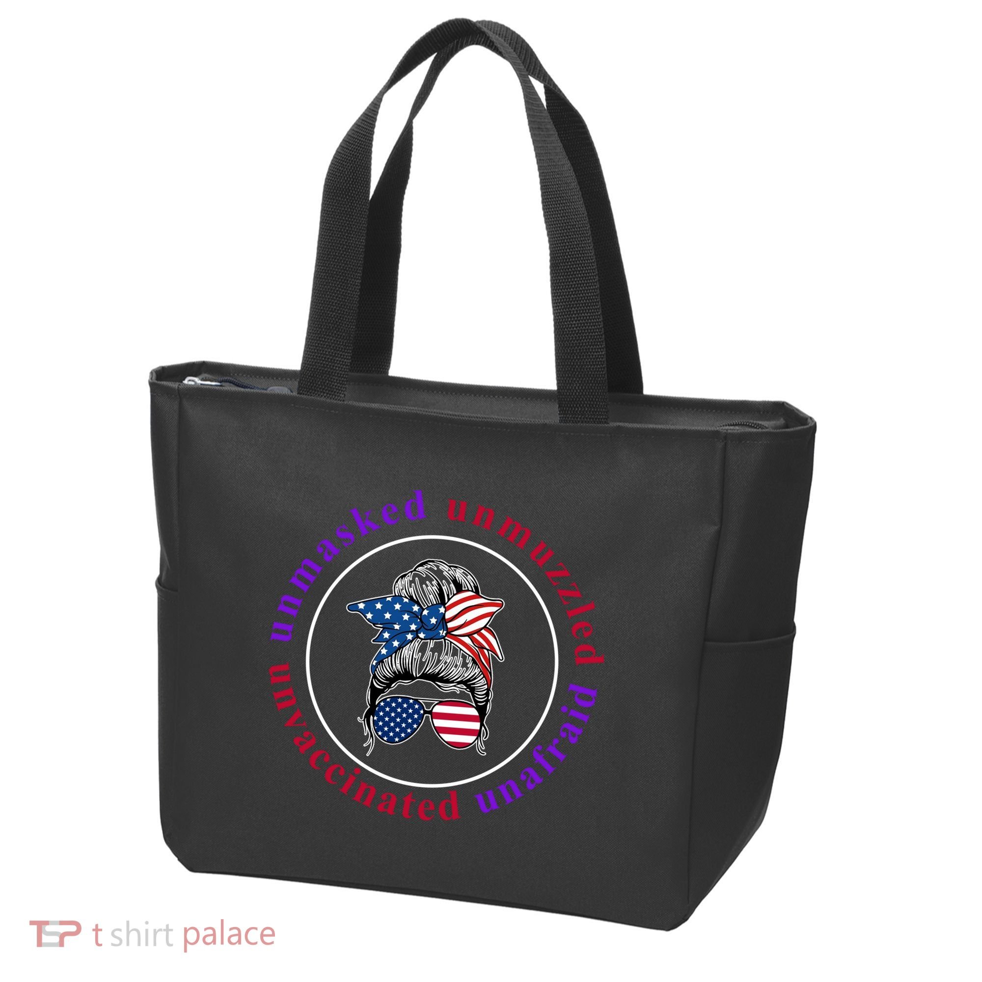 Unmasked Unmuzzled Unvaccinated Unafraid Messy Bun Tote Bag
