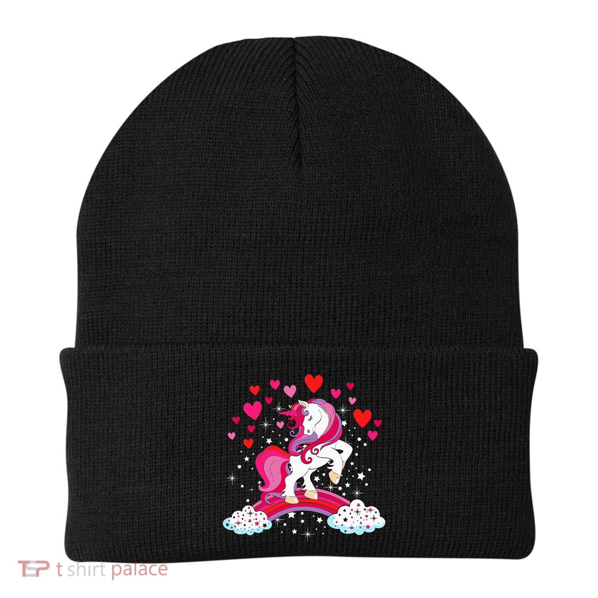 Unicorn Valentines Day Love Heart Rainbow Beanie