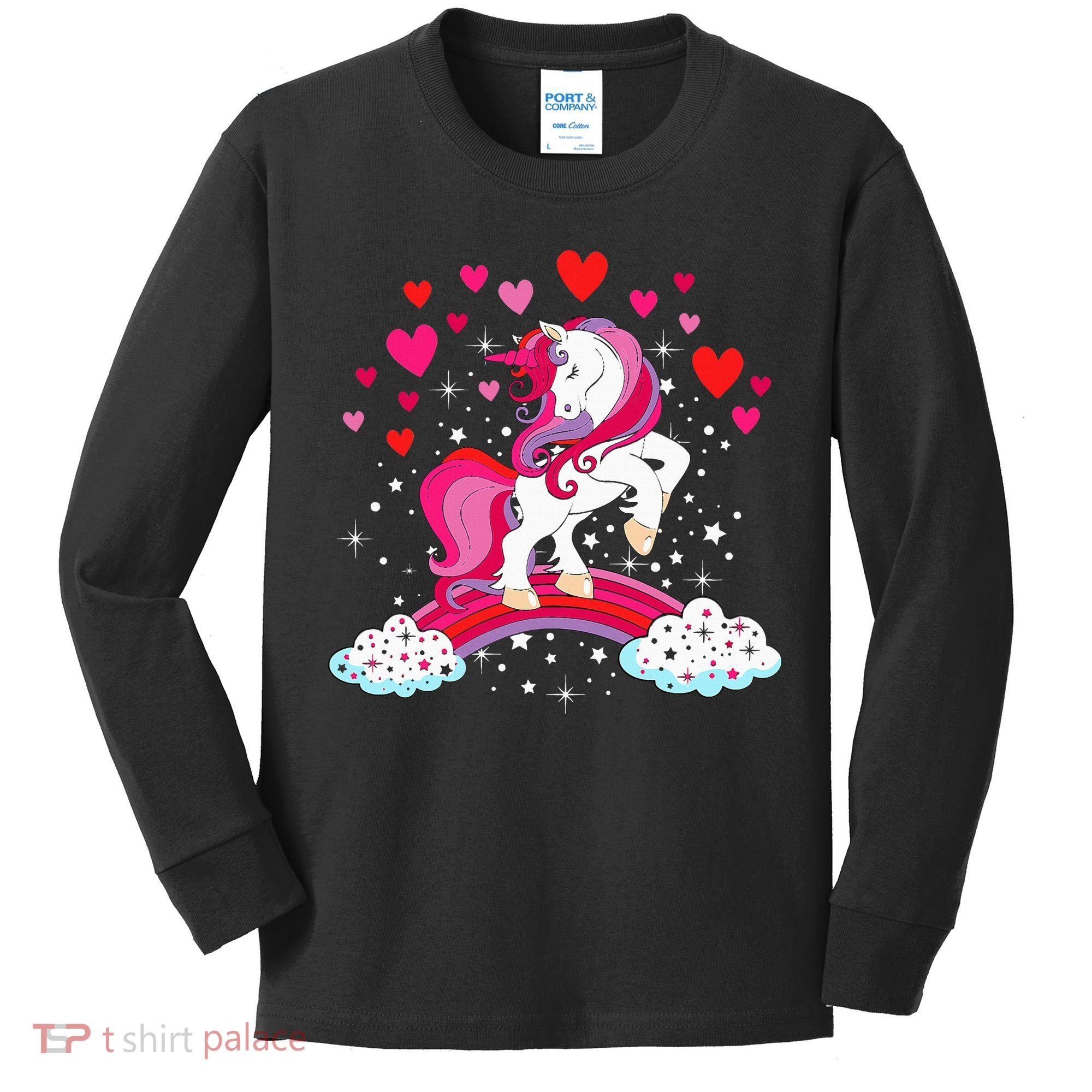 Unicorn Valentines Day Love Heart Rainbow Kids Long Sleeve Shirt