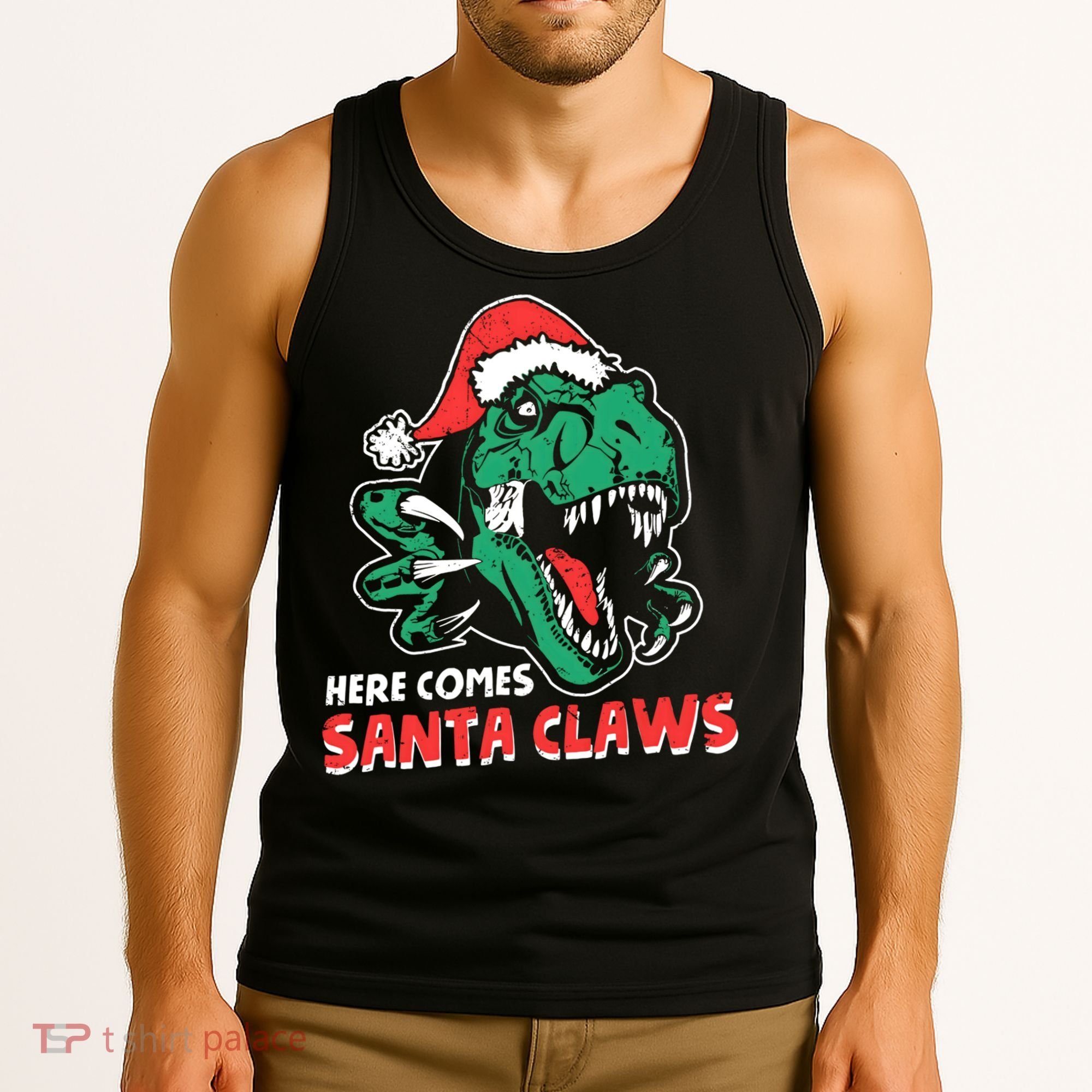 Ugly Xmas Dinosaur Here Comes Santa Claws Claus Gift Tank Top