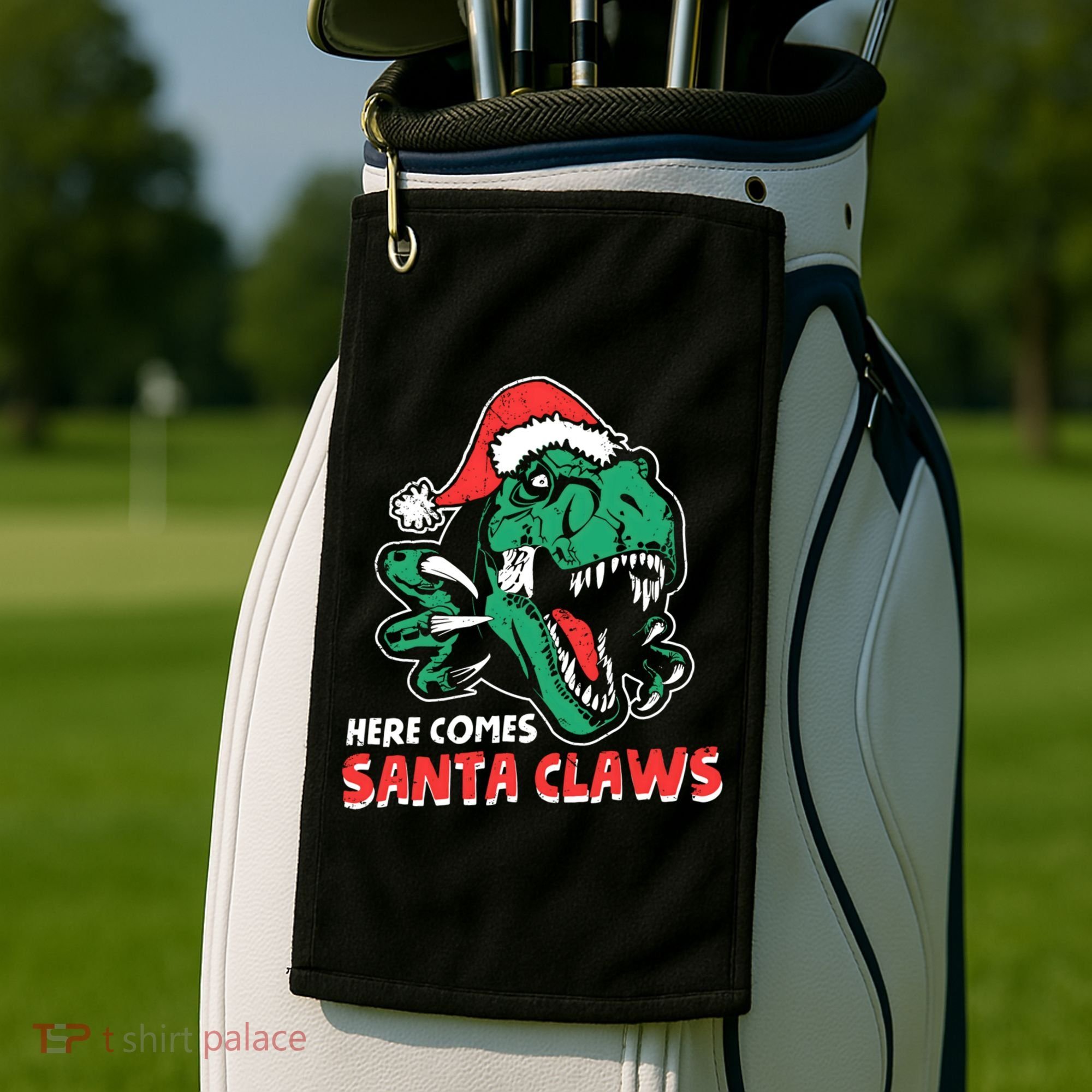 Ugly Xmas Dinosaur Here Comes Santa Claws Claus Gift Golf Towel