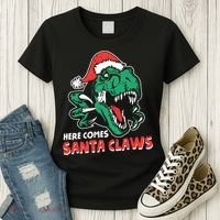 Ugly Xmas Dinosaur Here Comes Santa Claws Claus Gift Women's T-Shirt thumb 3