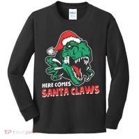 Ugly Xmas Dinosaur Here Comes Santa Claws Claus Gift Kids Long Sleeve Shirt thumb 0