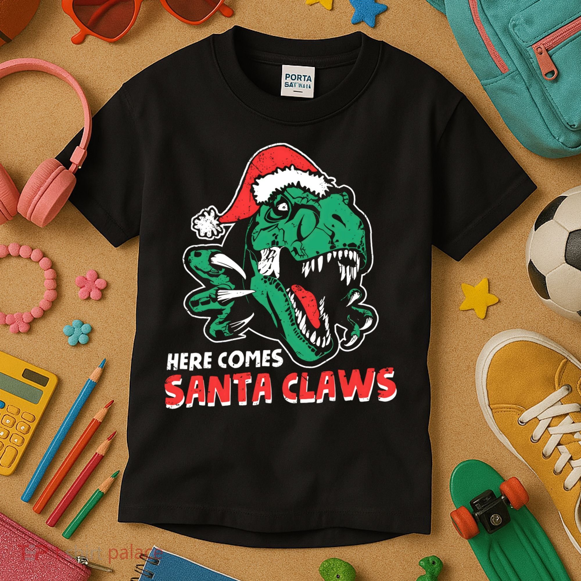 Ugly Xmas Dinosaur Here Comes Santa Claws Claus Gift Kids T-Shirt