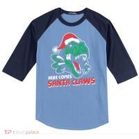 Ugly Xmas Dinosaur Here Comes Santa Claws Claus Gift Raglan Baseball Sleeve Shirt thumb 0