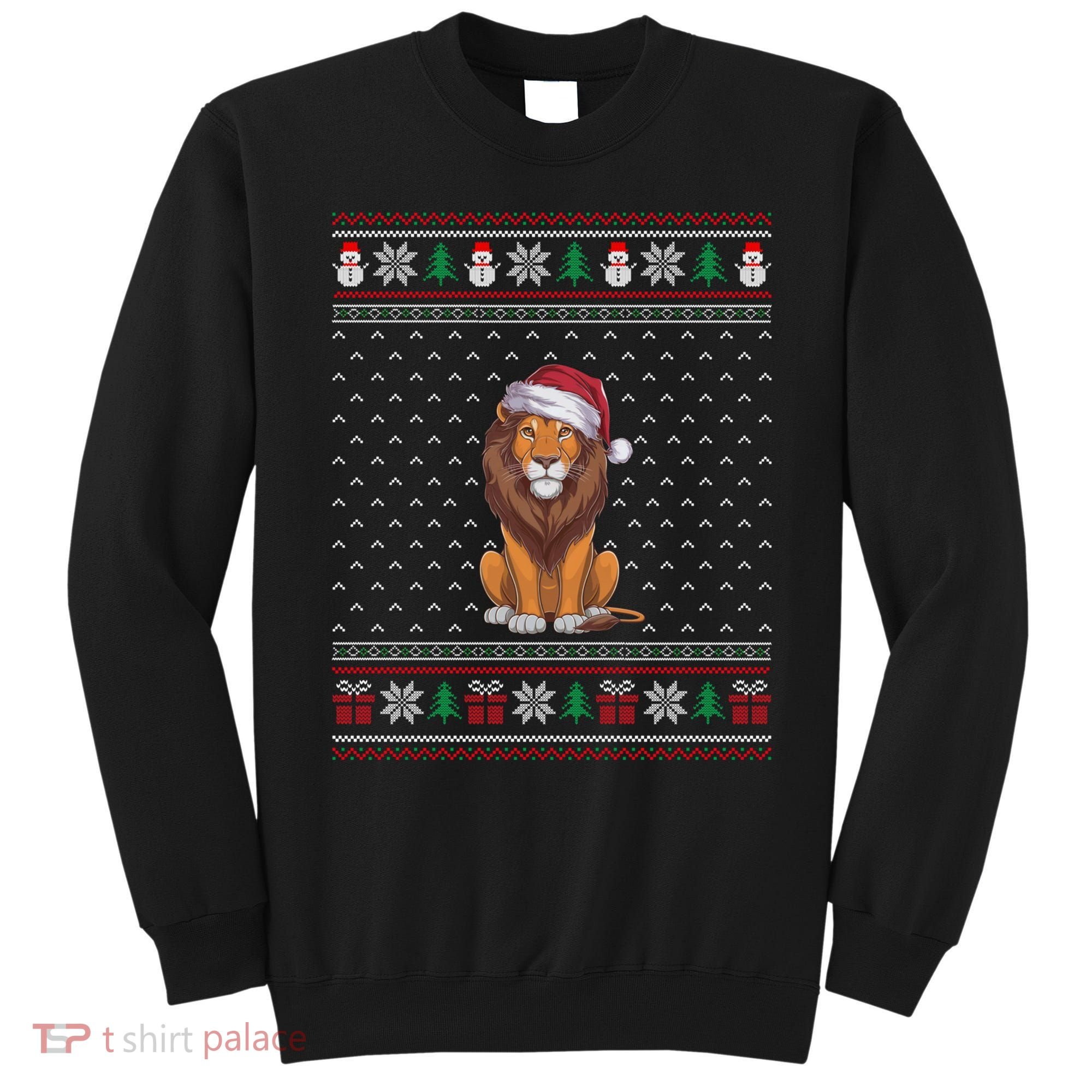 Ugly Xmas Lion Lovers Lion Wearing Santa Hat Sweatshirt