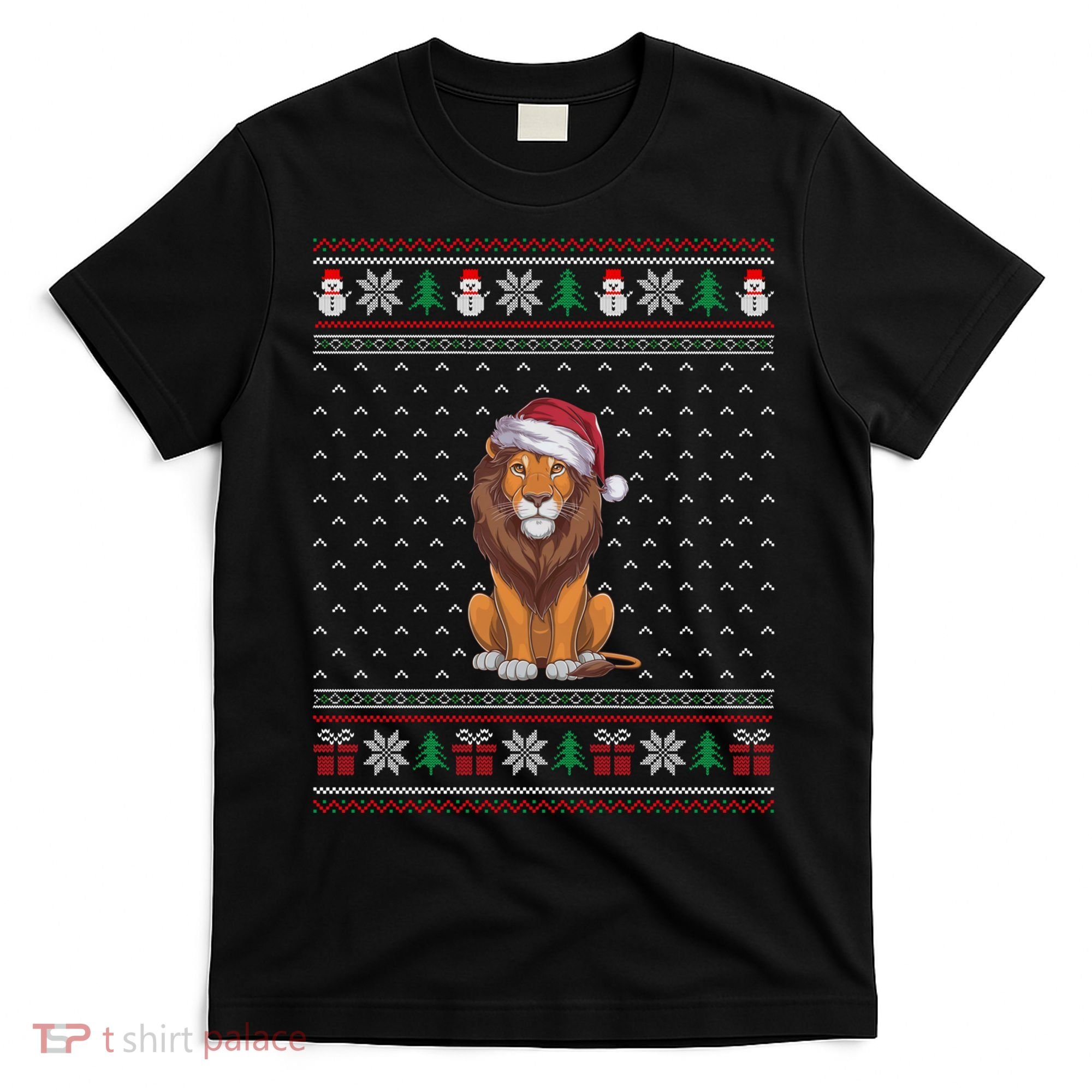 Ugly Xmas Lion Lovers Lion Wearing Santa Hat T-Shirt