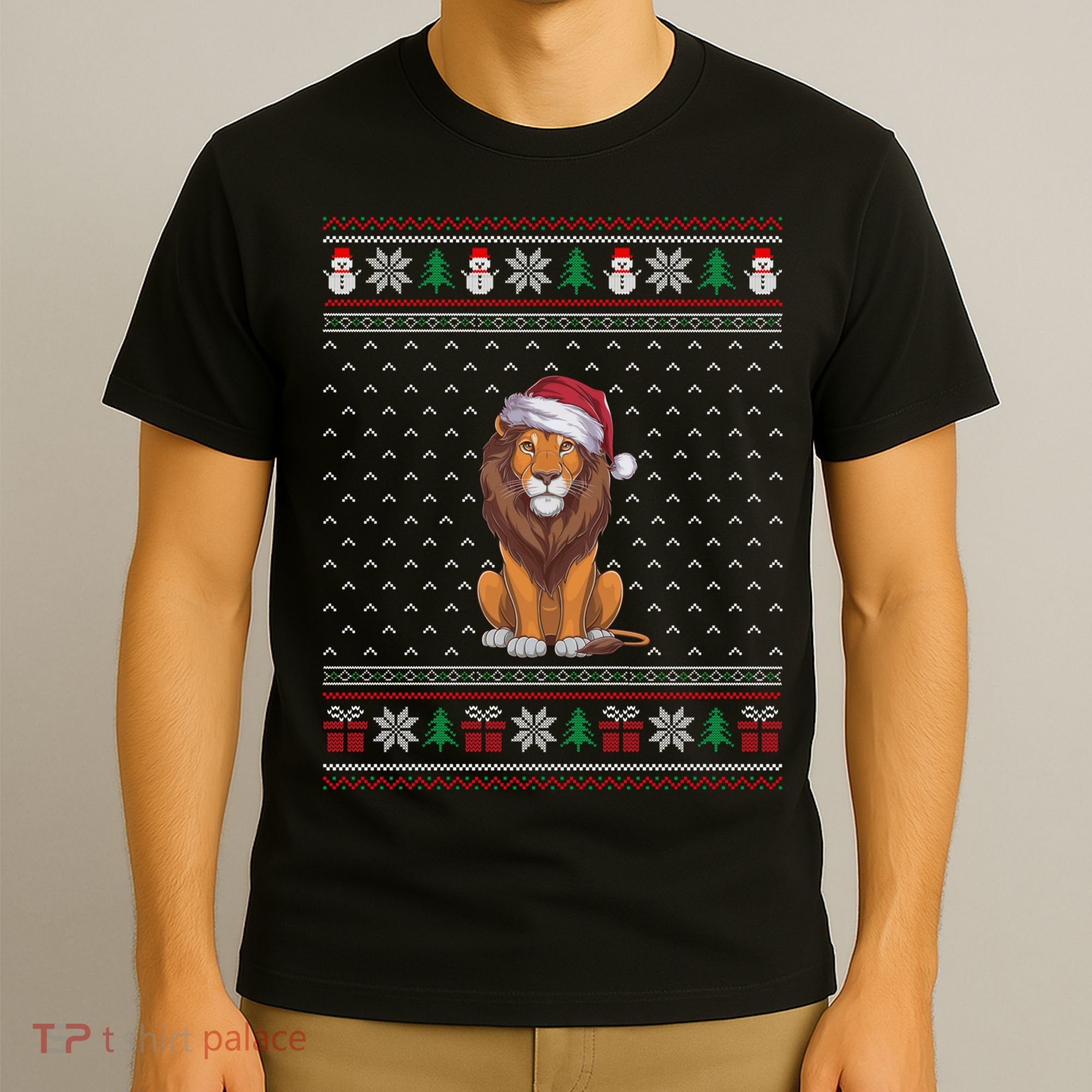 Ugly Xmas Lion Lovers Lion Wearing Santa Hat T-Shirt