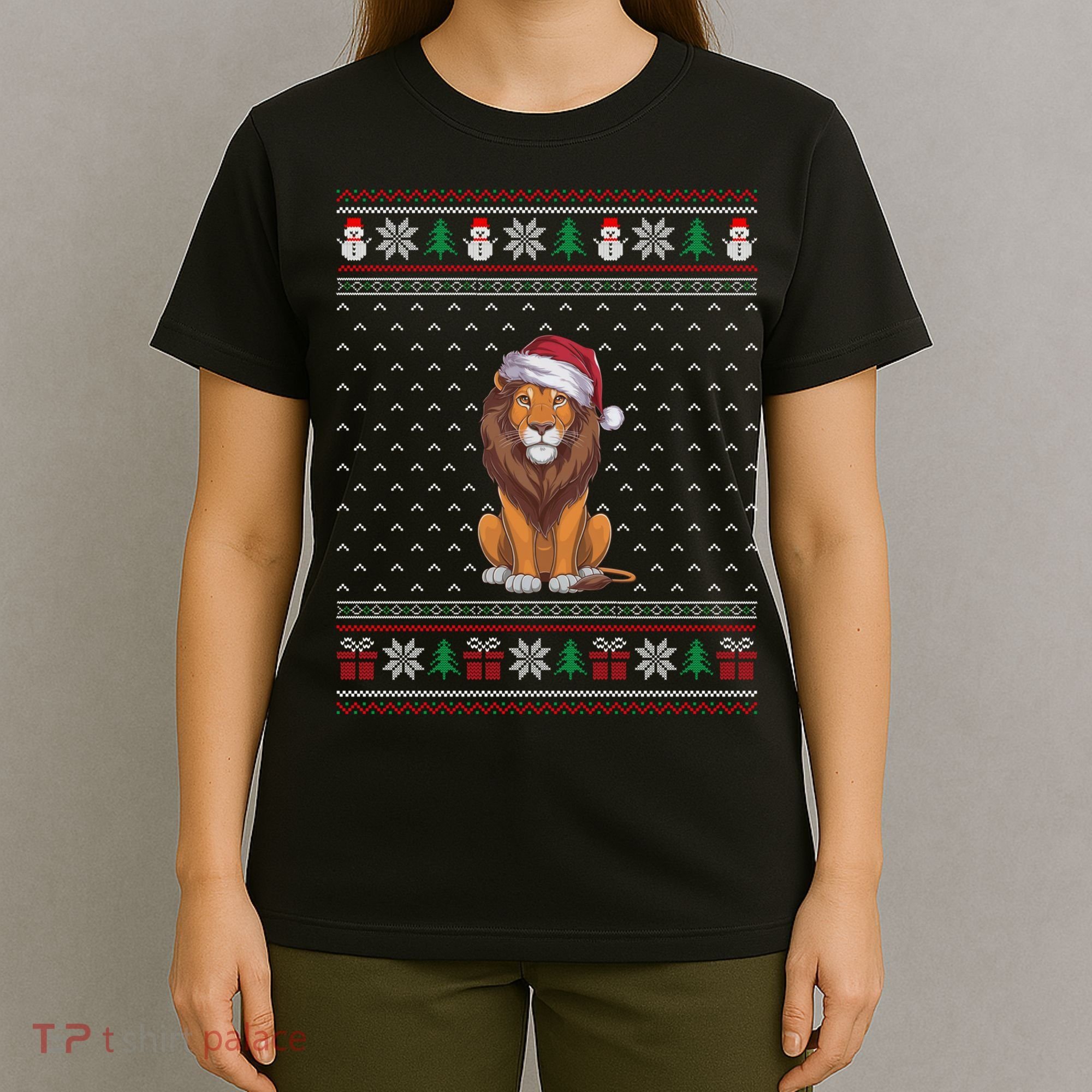 Ugly Xmas Lion Lovers Lion Wearing Santa Hat T-Shirt