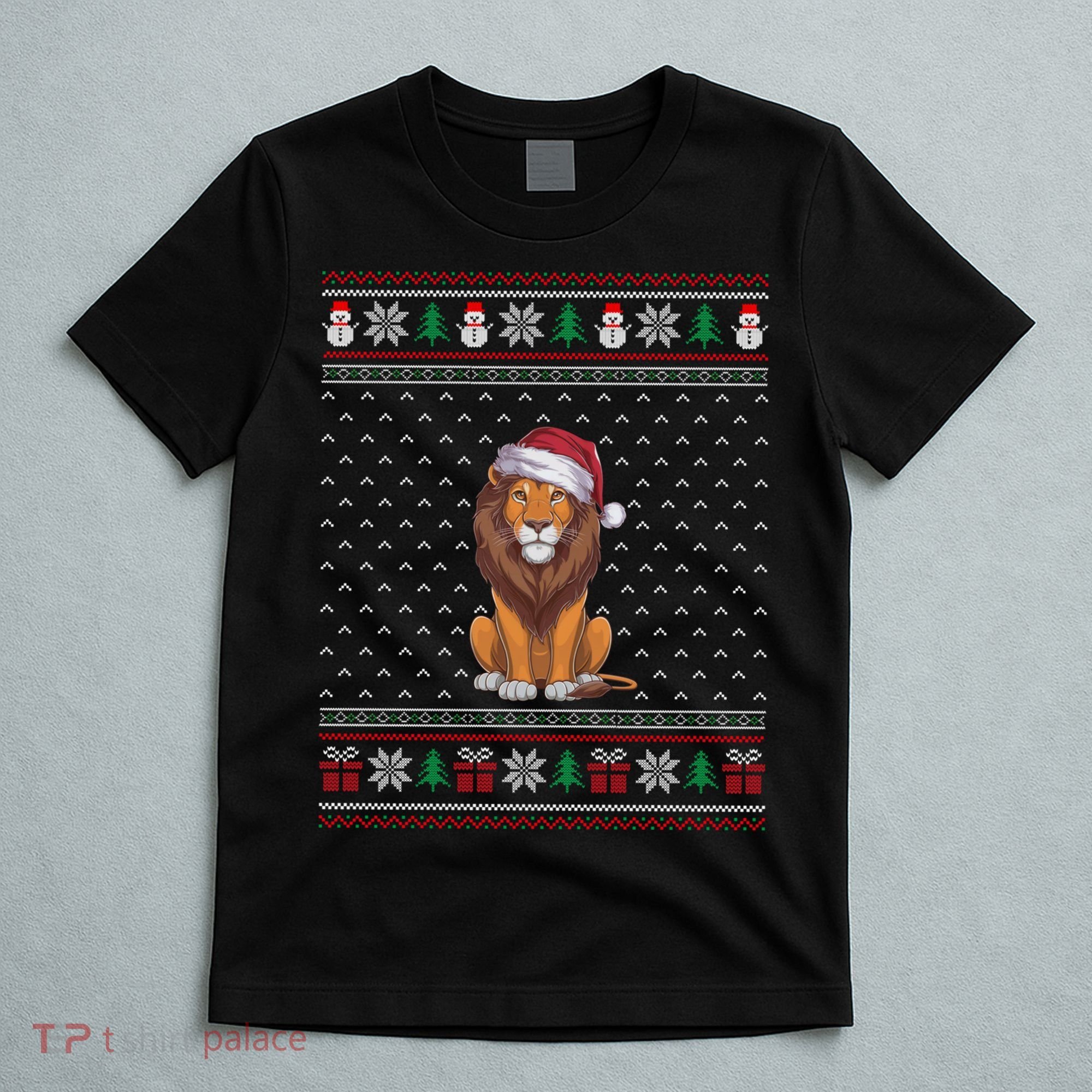 Ugly Xmas Lion Lovers Lion Wearing Santa Hat T-Shirt