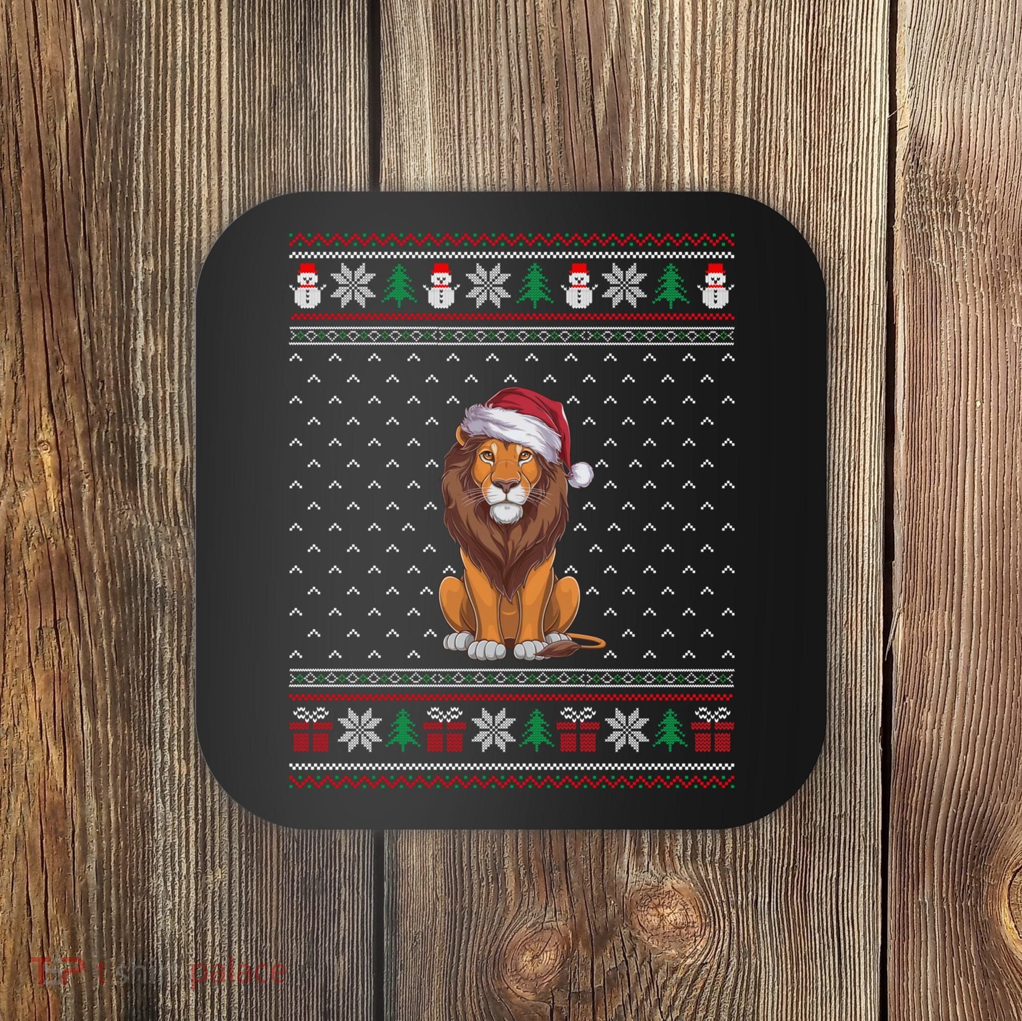 Ugly Xmas Lion Lovers Lion Wearing Santa Hat Coaster