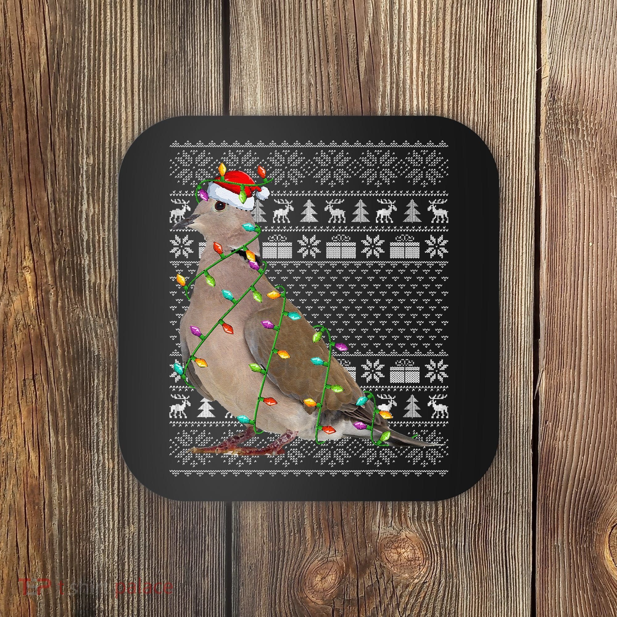 Ugly Xmas Lighting Santa Hat Mourning Dove Bird Christmas Coaster