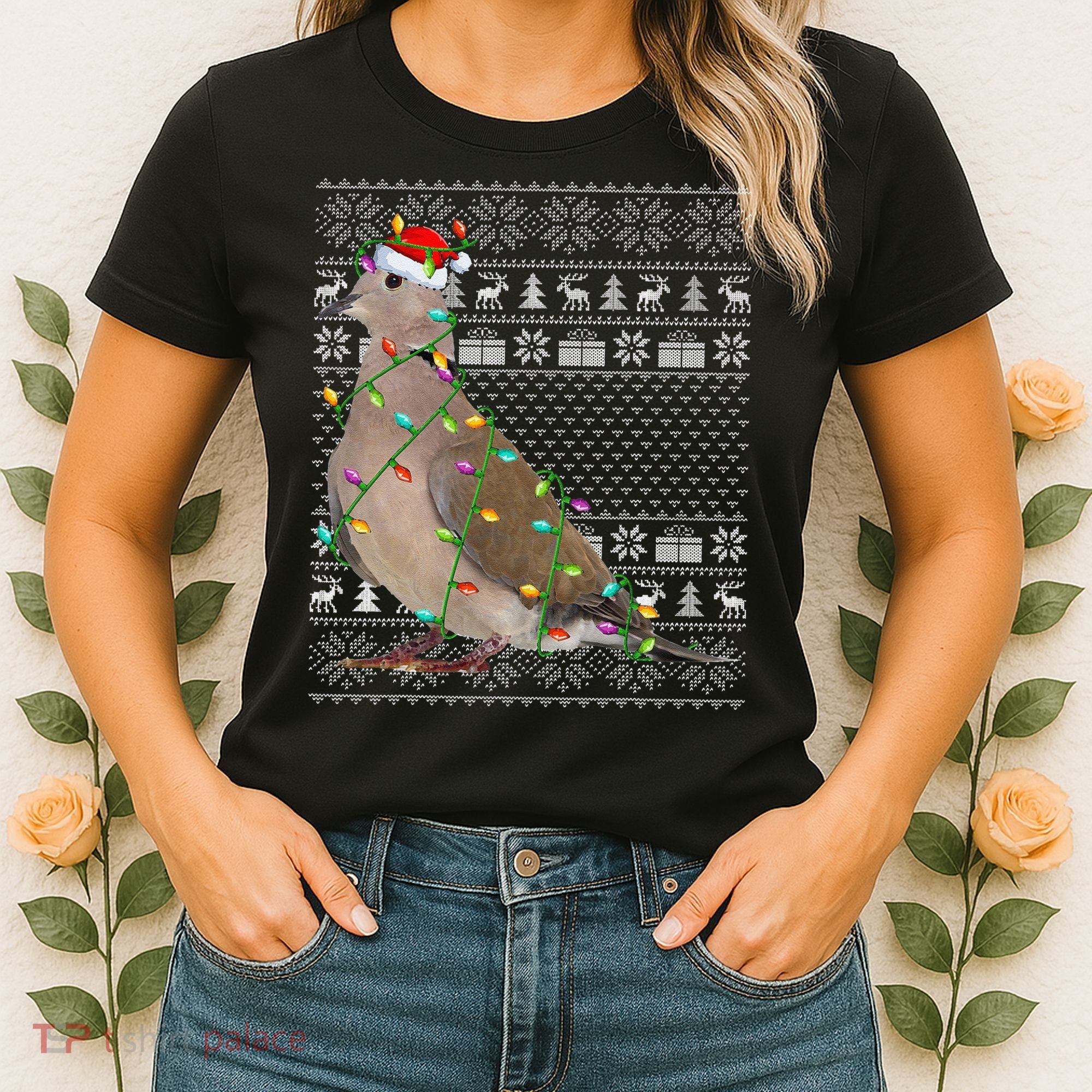 Ugly Xmas Lighting Santa Hat Mourning Dove Bird Christmas Women's T-Shirt