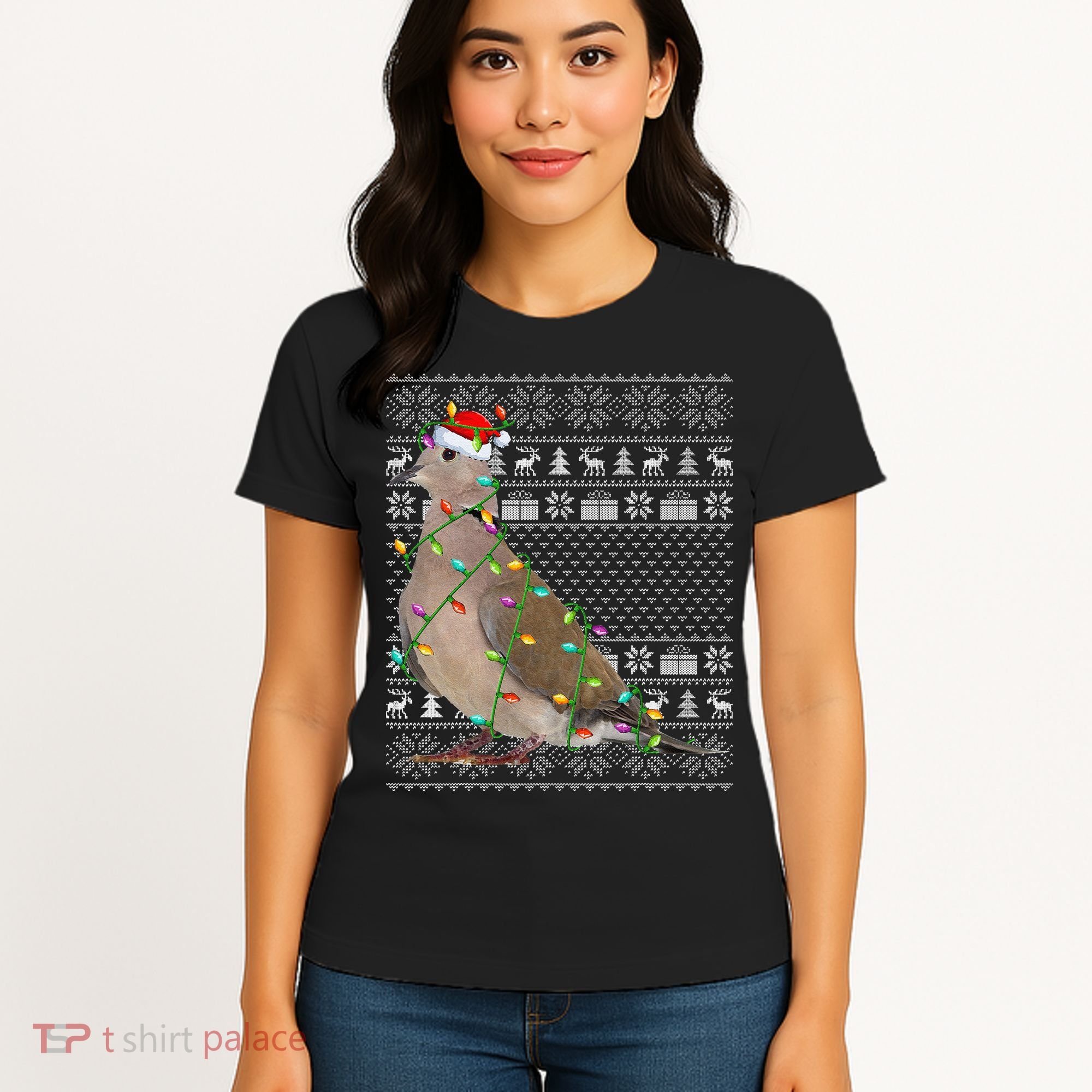 Ugly Xmas Lighting Santa Hat Mourning Dove Bird Christmas Women's T-Shirt